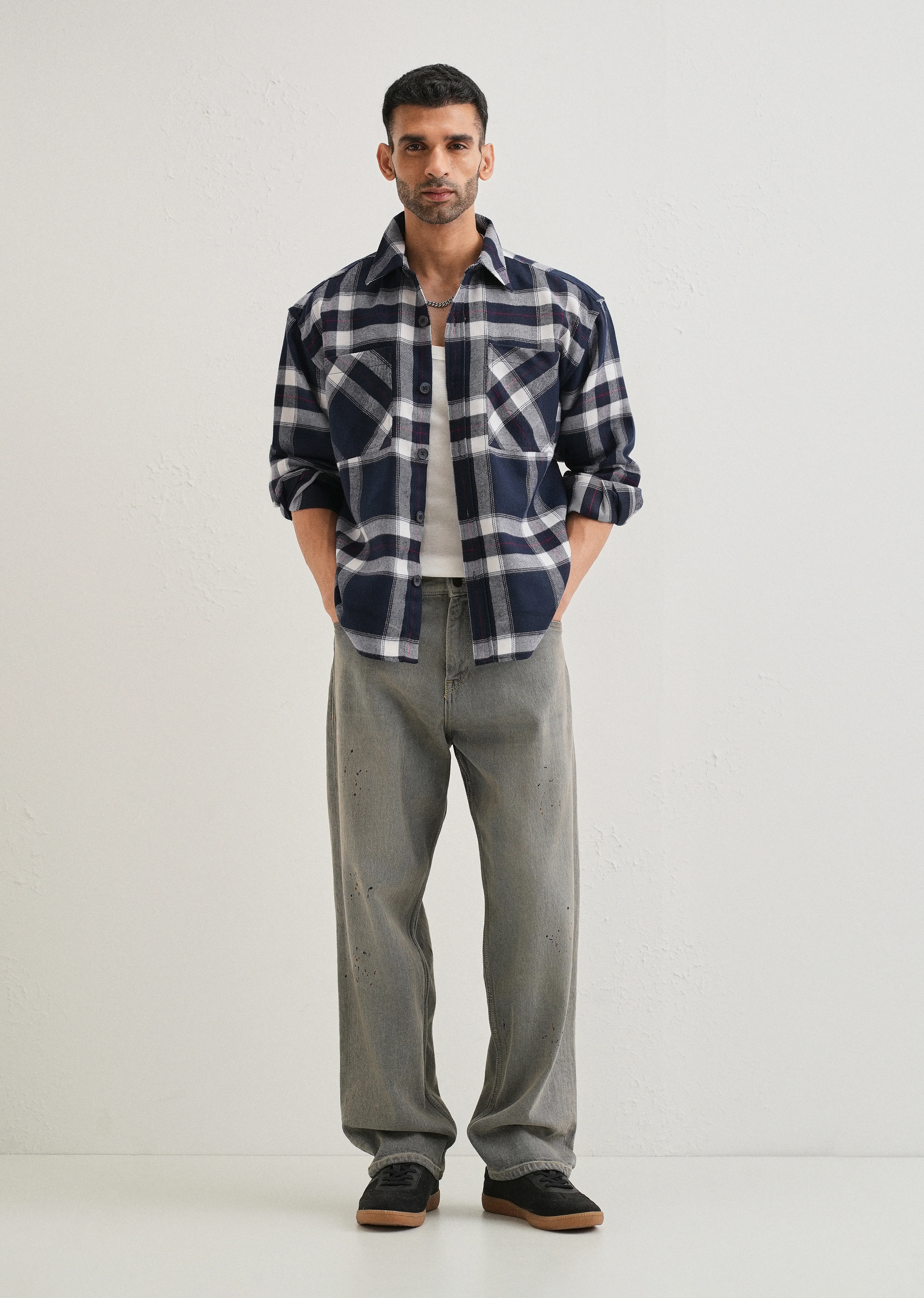 Dark Blue Checked Relaxed Fit Shacket - Image 6