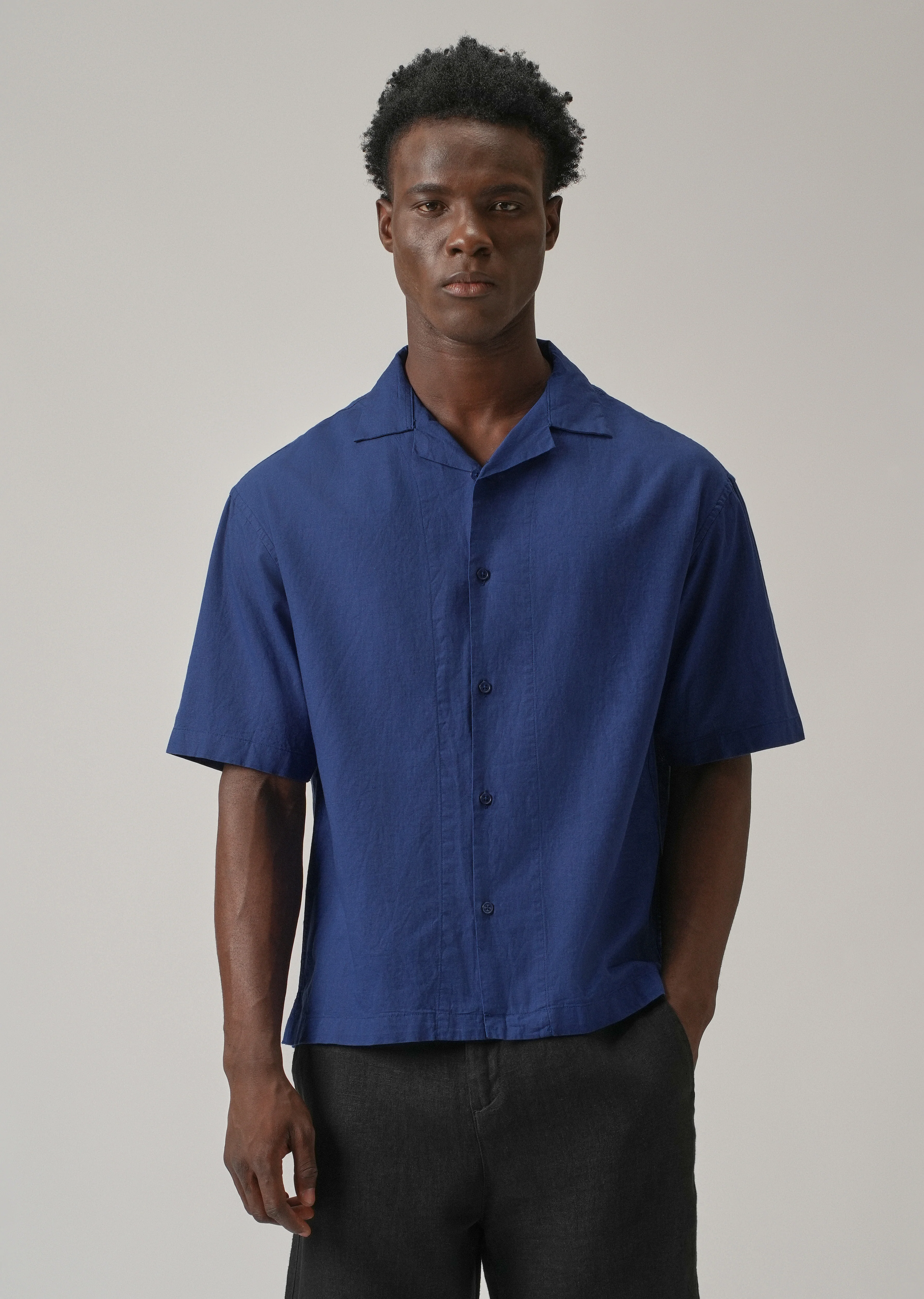 Dark Blue Cotton Linen Shirt - Image 3