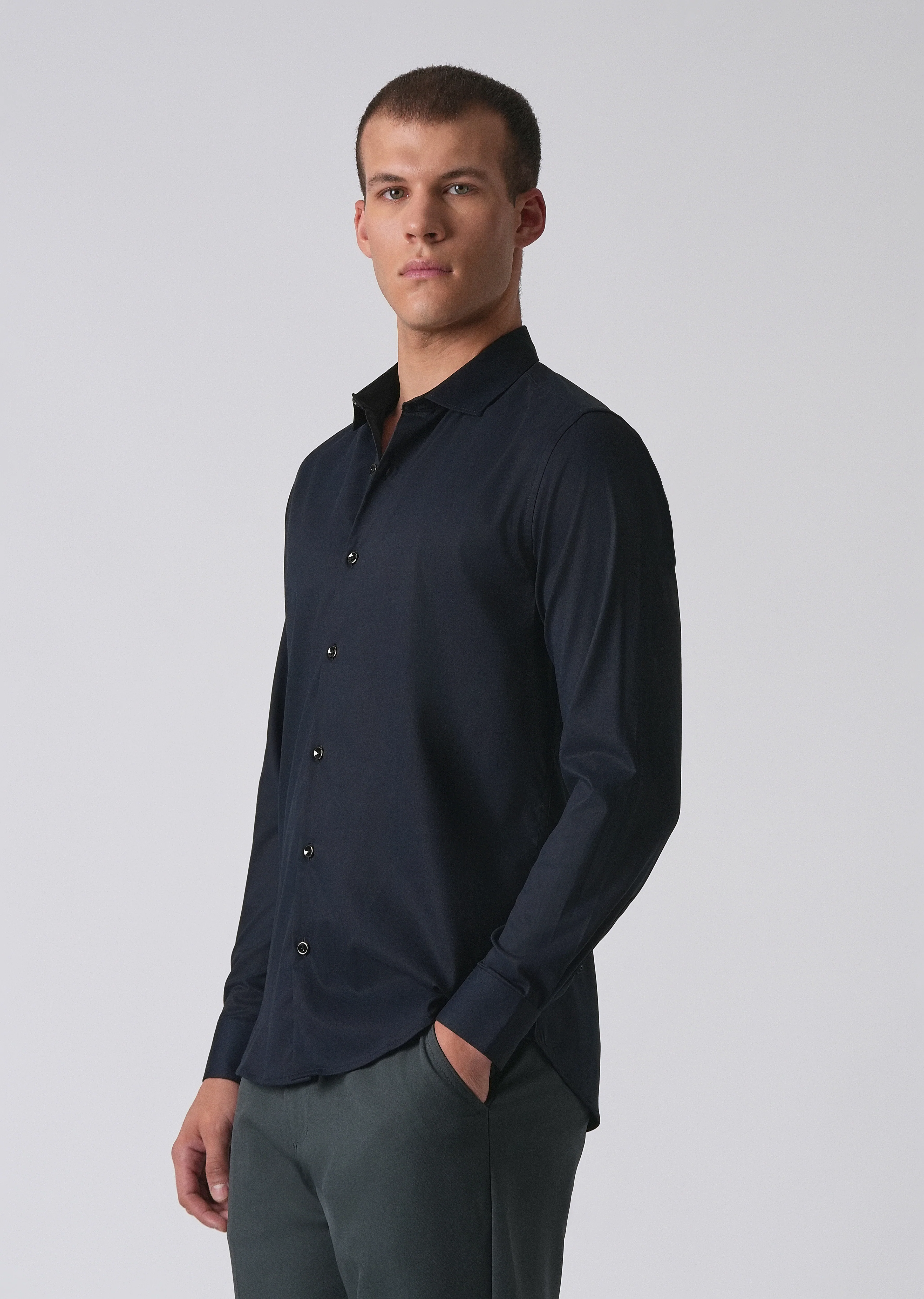 Dark Blue Cotton Stretch Plain Shirt - Image 4