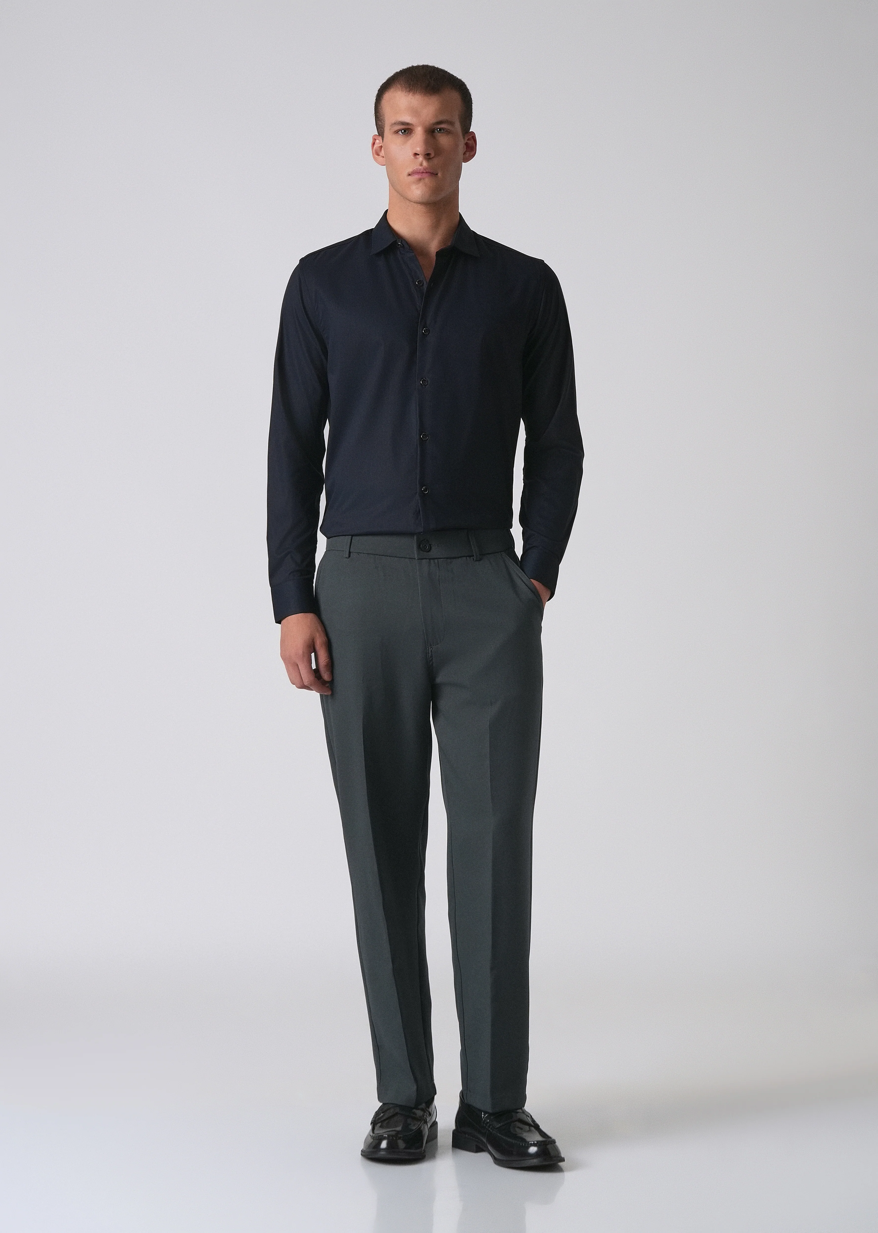 Dark Blue Cotton Stretch Plain Shirt - Image 6