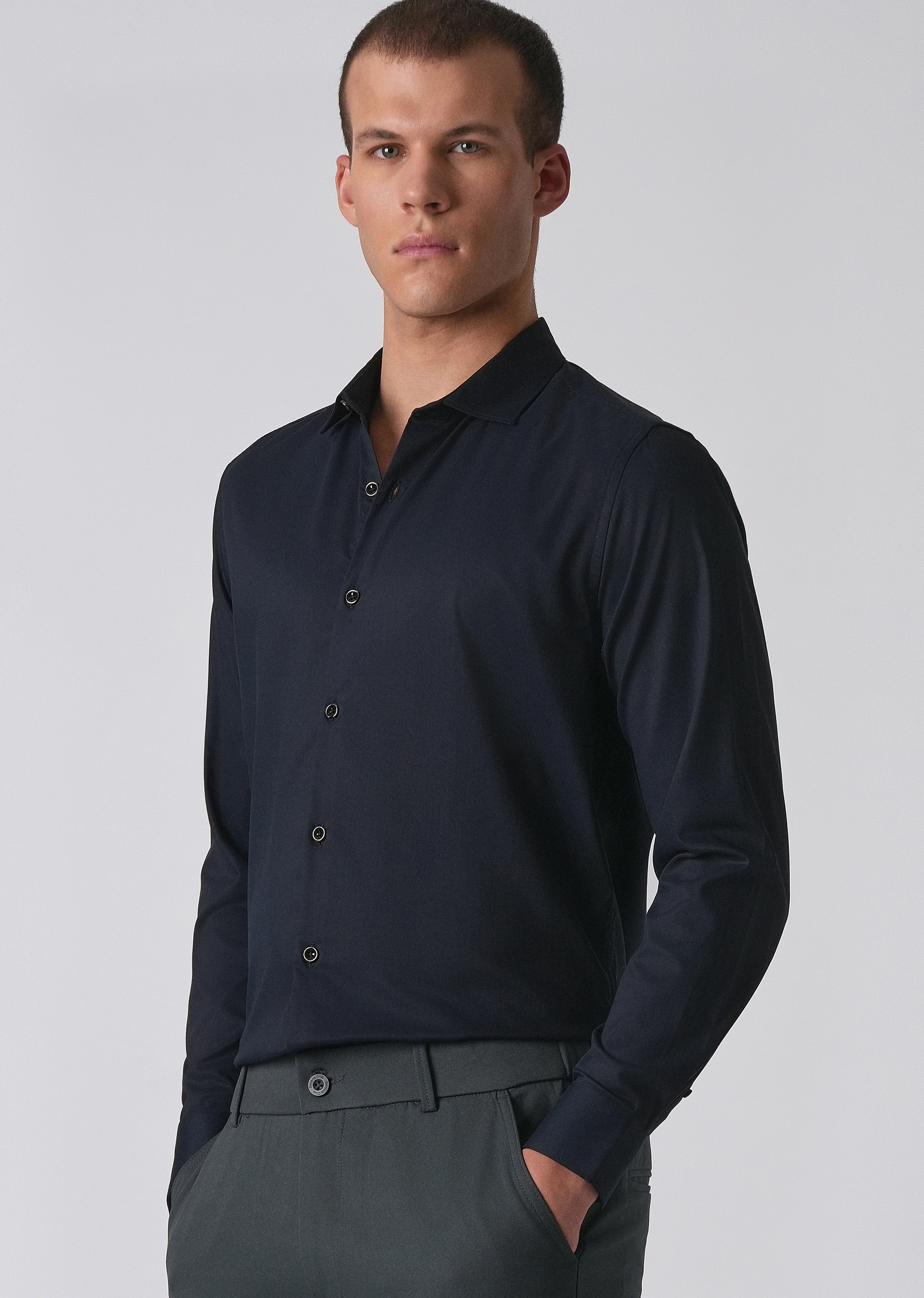 Dark Blue Cotton Stretch Plain Shirt - Image 7