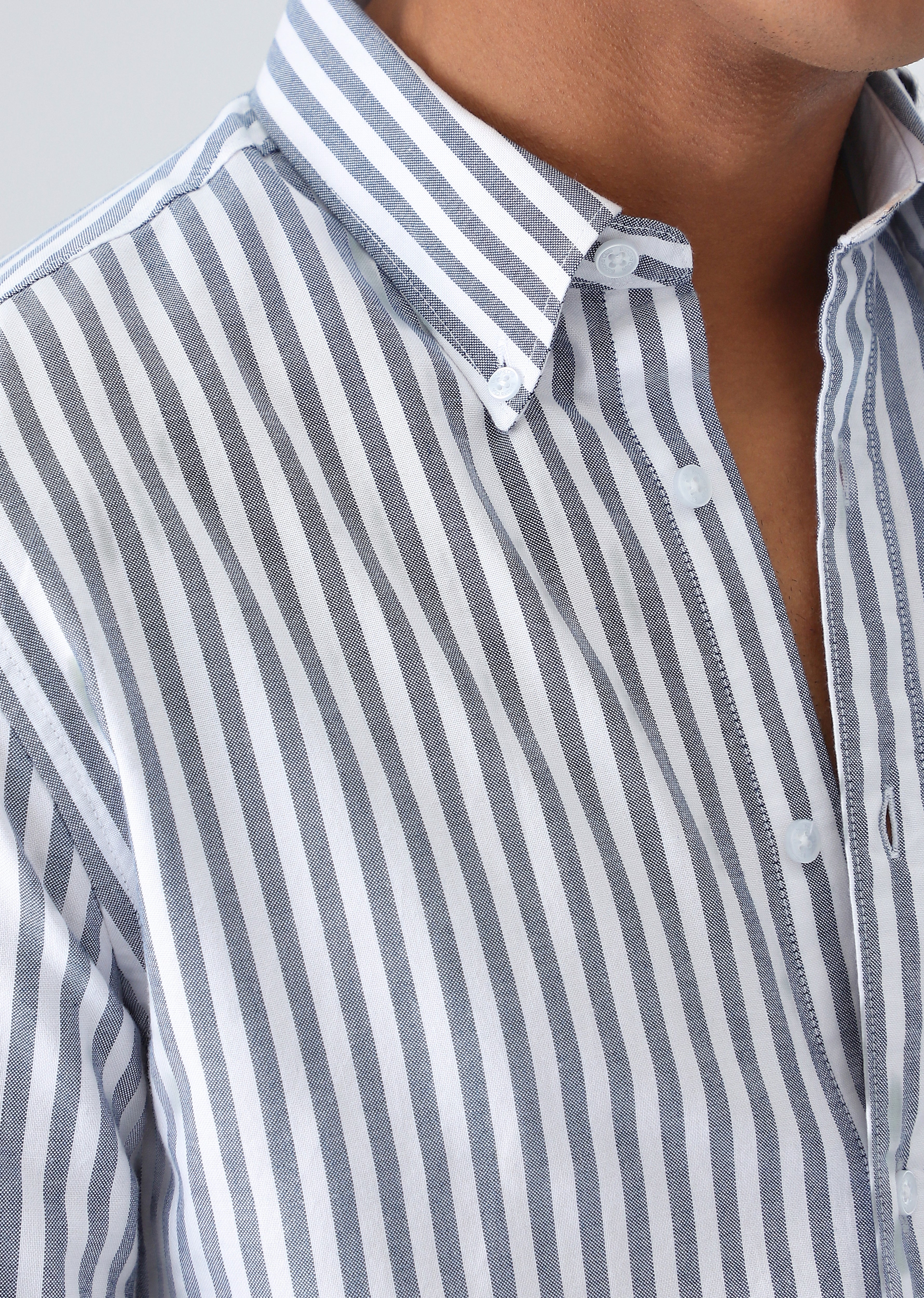 Dark Blue Cotton Oxford Stripe Shirt - Image 2