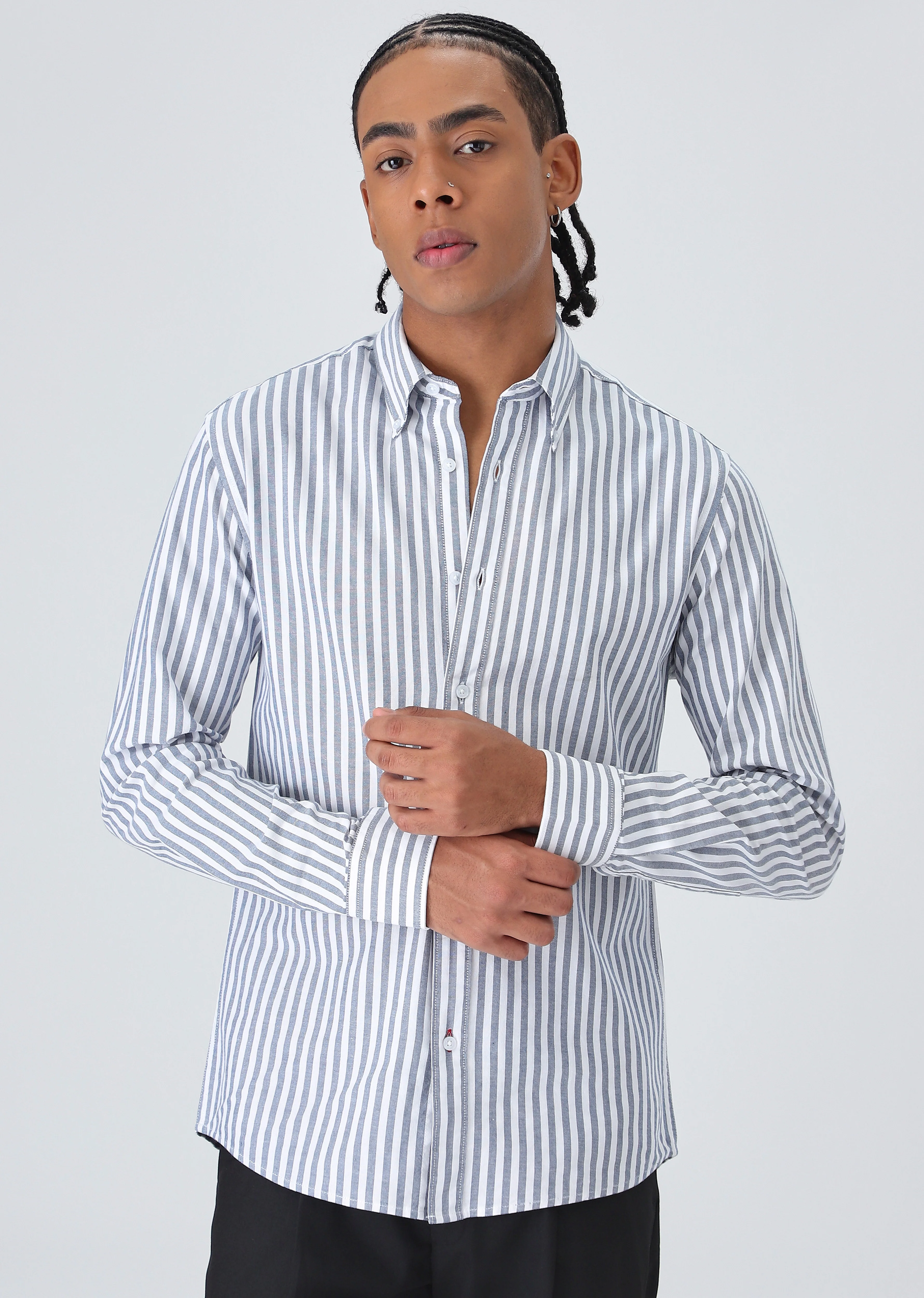 Dark Blue Cotton Oxford Stripe Shirt - Image 3