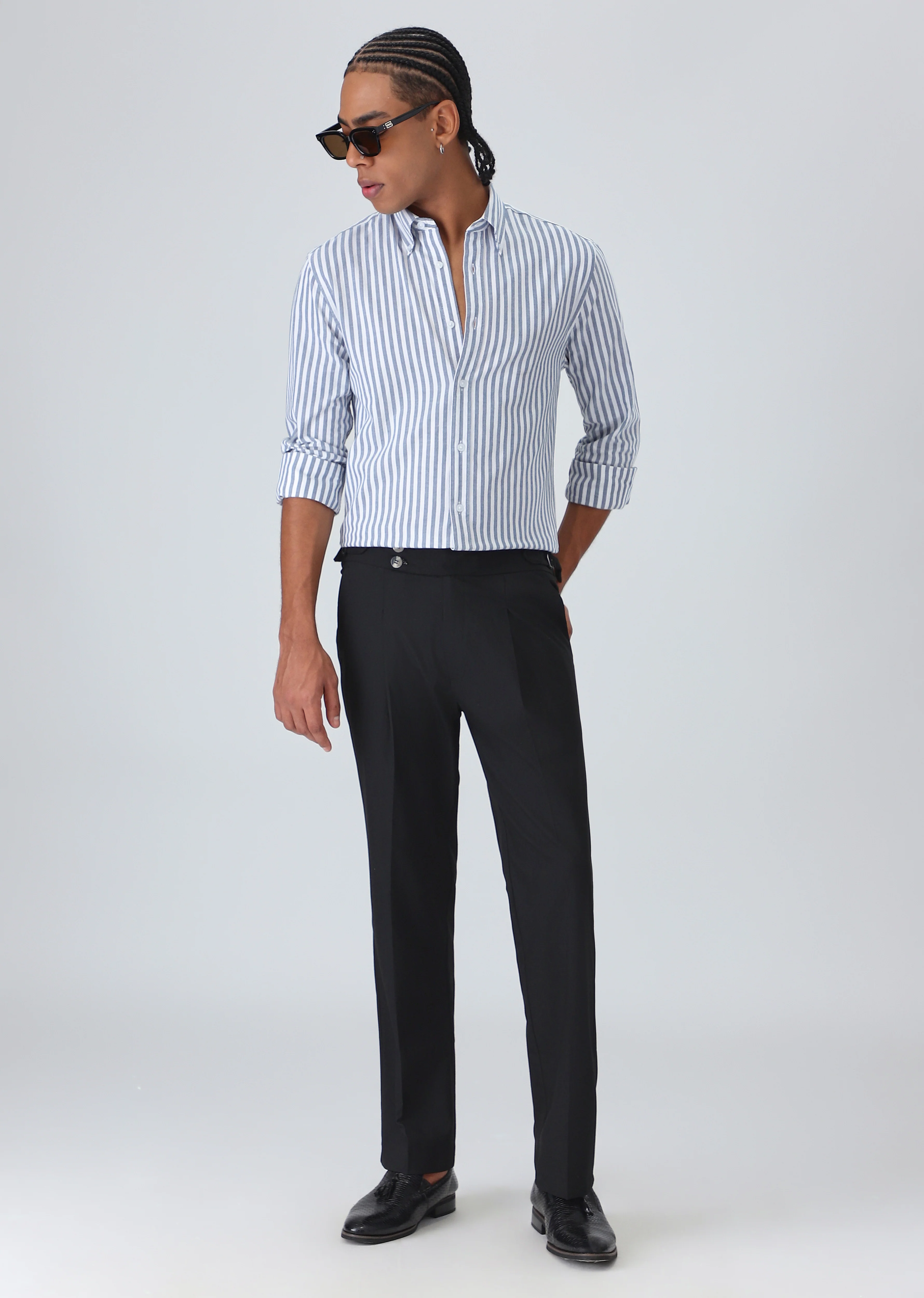 Dark Blue Cotton Oxford Stripe Shirt - Image 6
