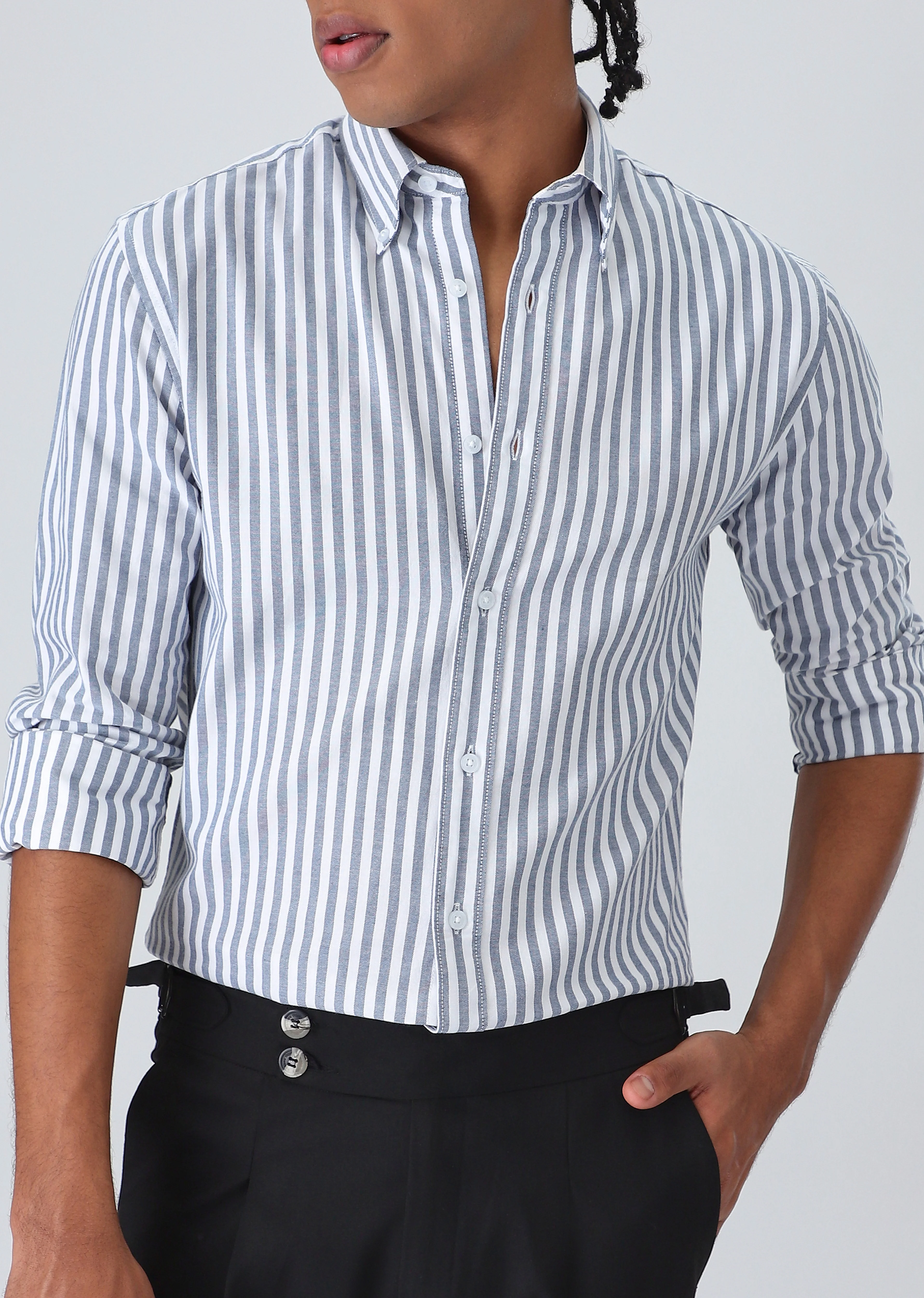 Dark Blue Cotton Oxford Stripe Shirt - Image 7