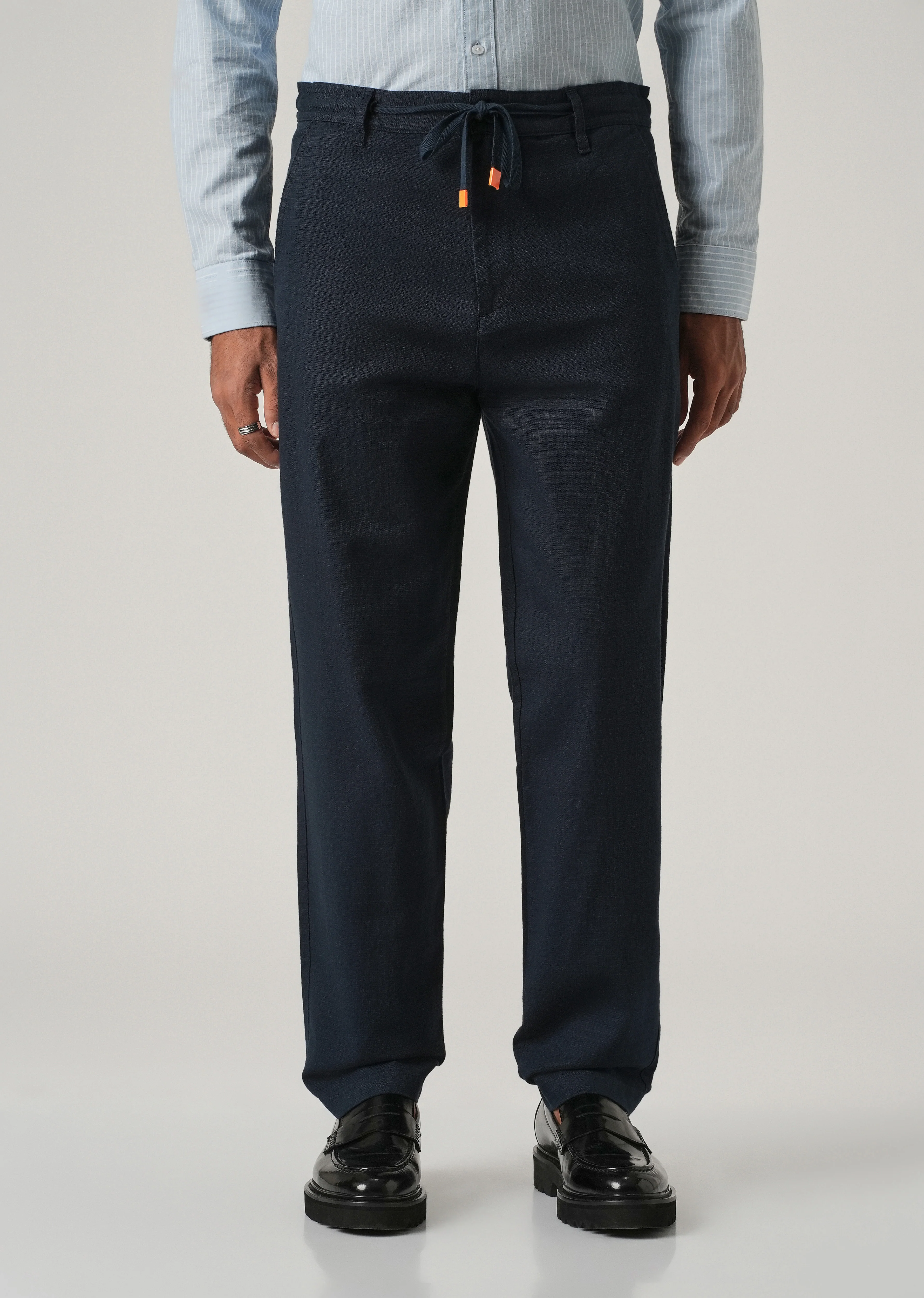 Dark Blue Linen-Look Cotton Trousers - Image 3