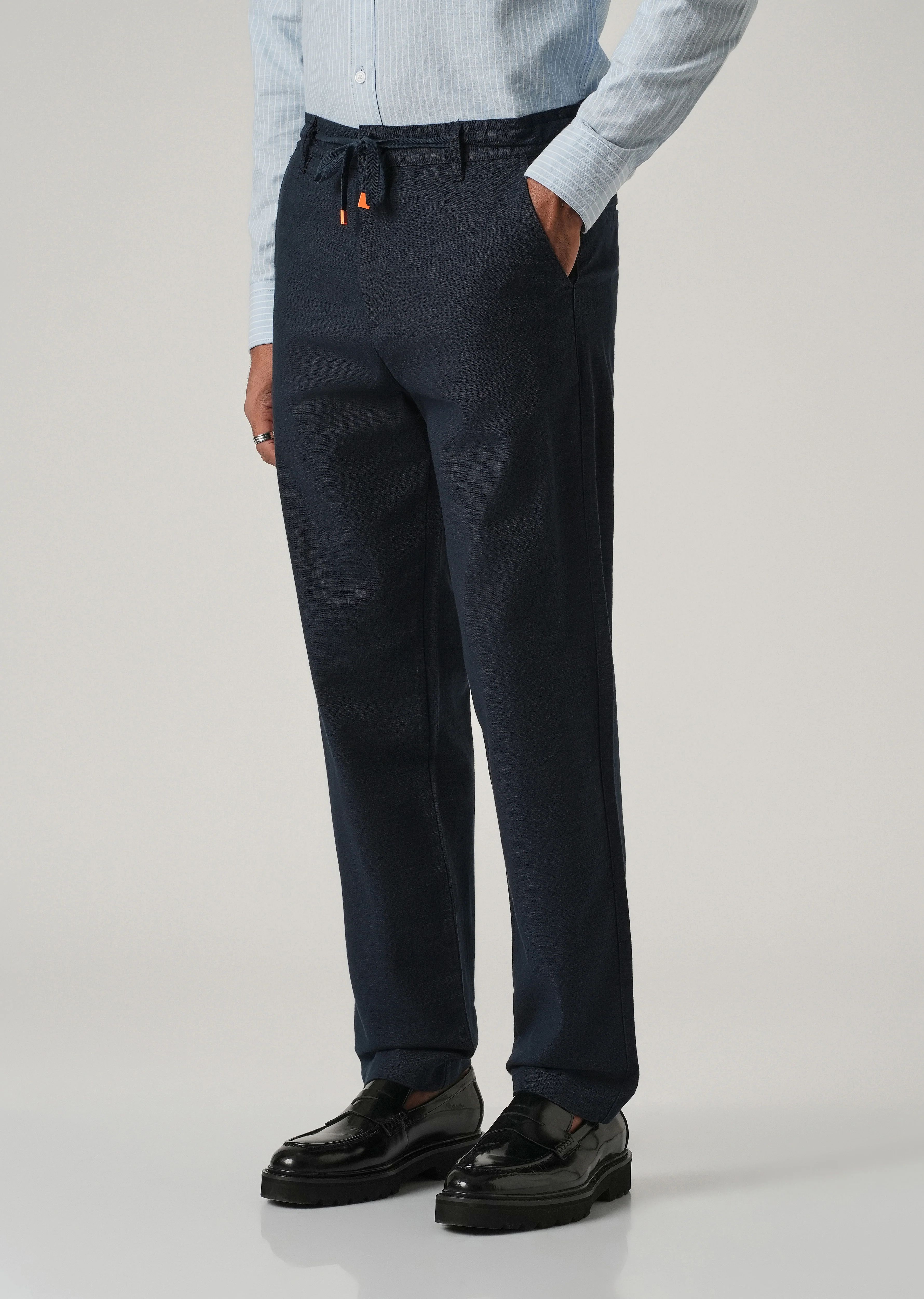 Dark Blue Linen-Look Cotton Trousers - Image 4