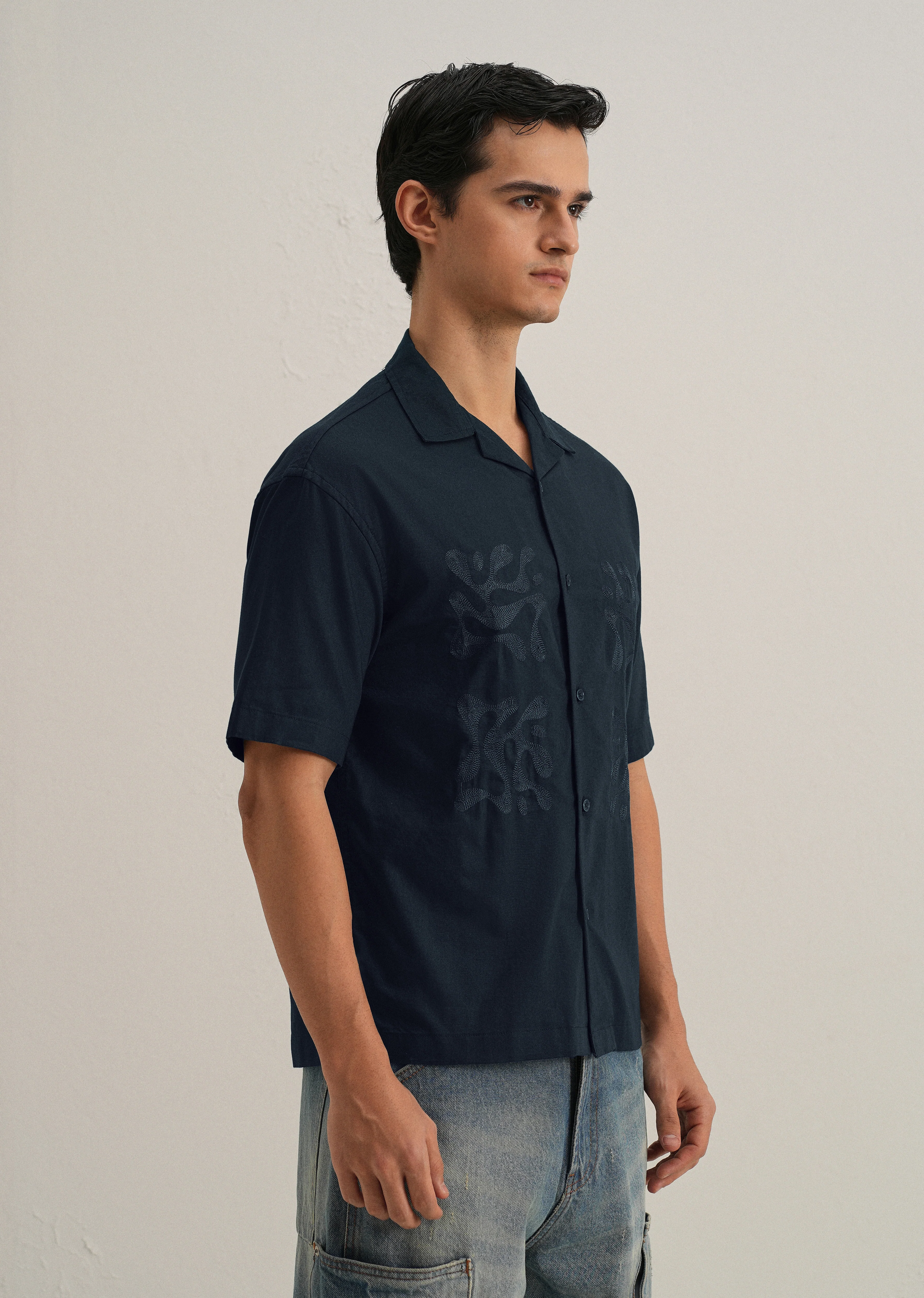 Dark Blue Embroidery Cuban Collar Cotton Shirt - Image 5