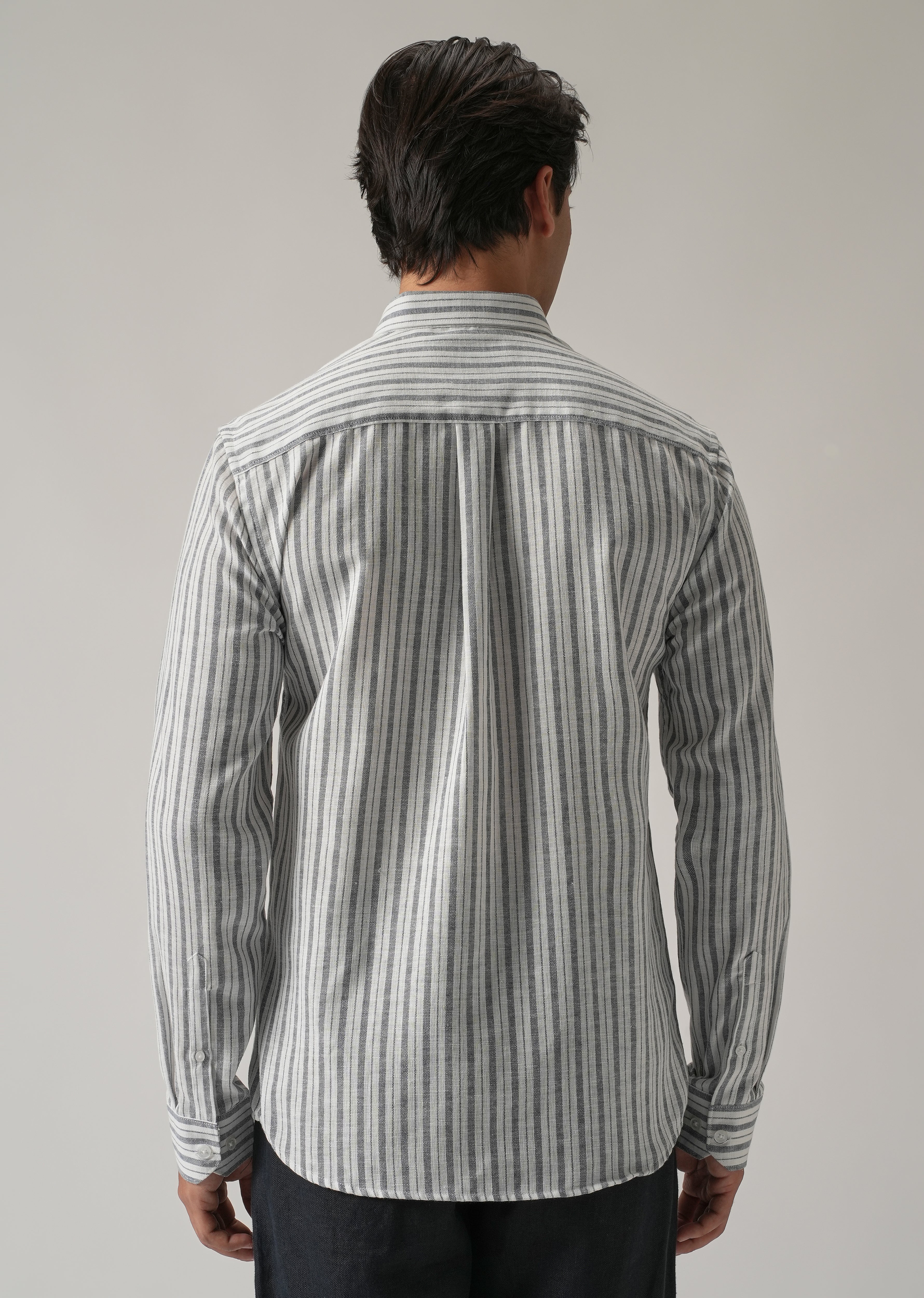 Dark Blue Linen Stripe Shirt - Image 2