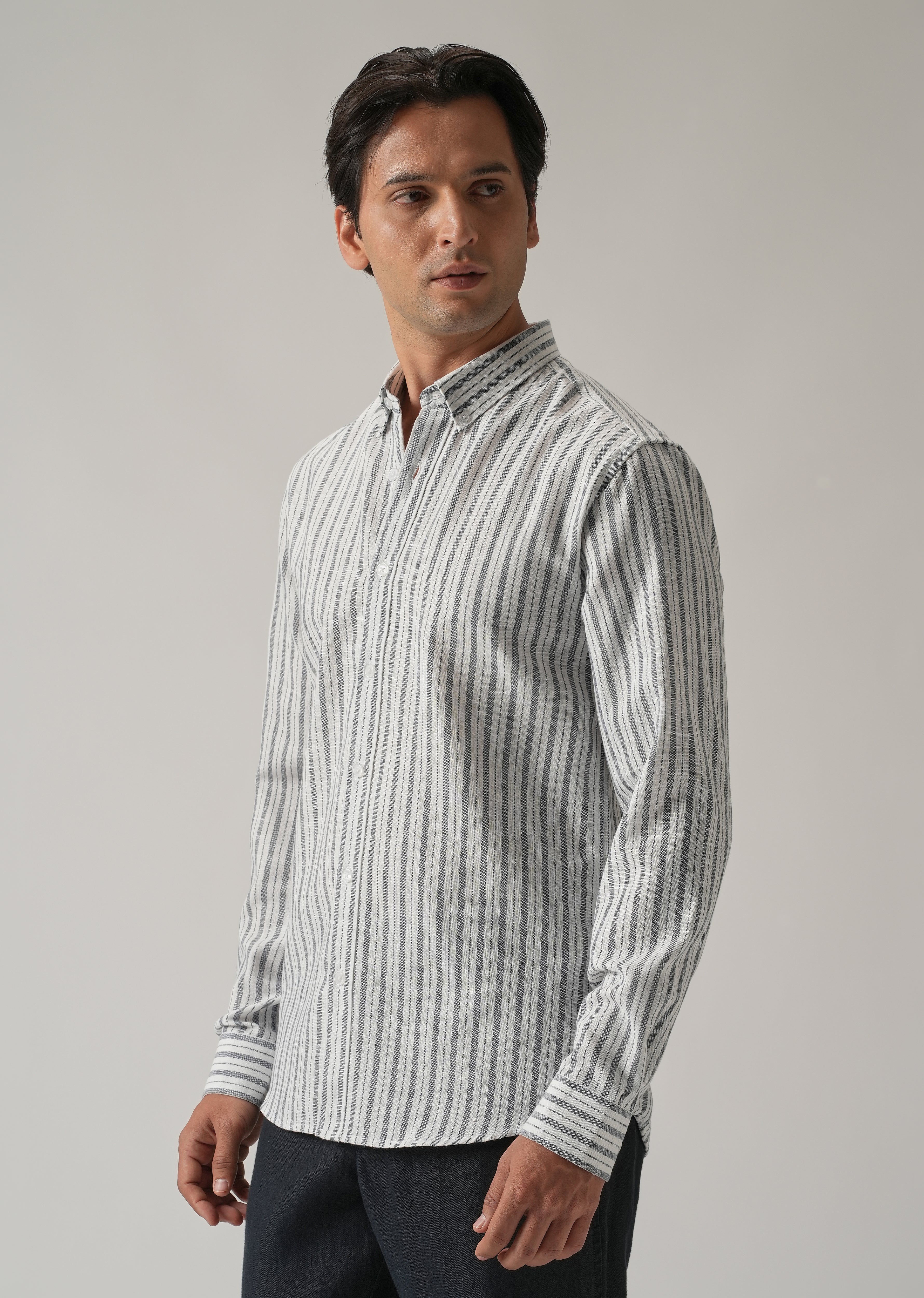 Dark Blue Linen Stripe Shirt - Image 4
