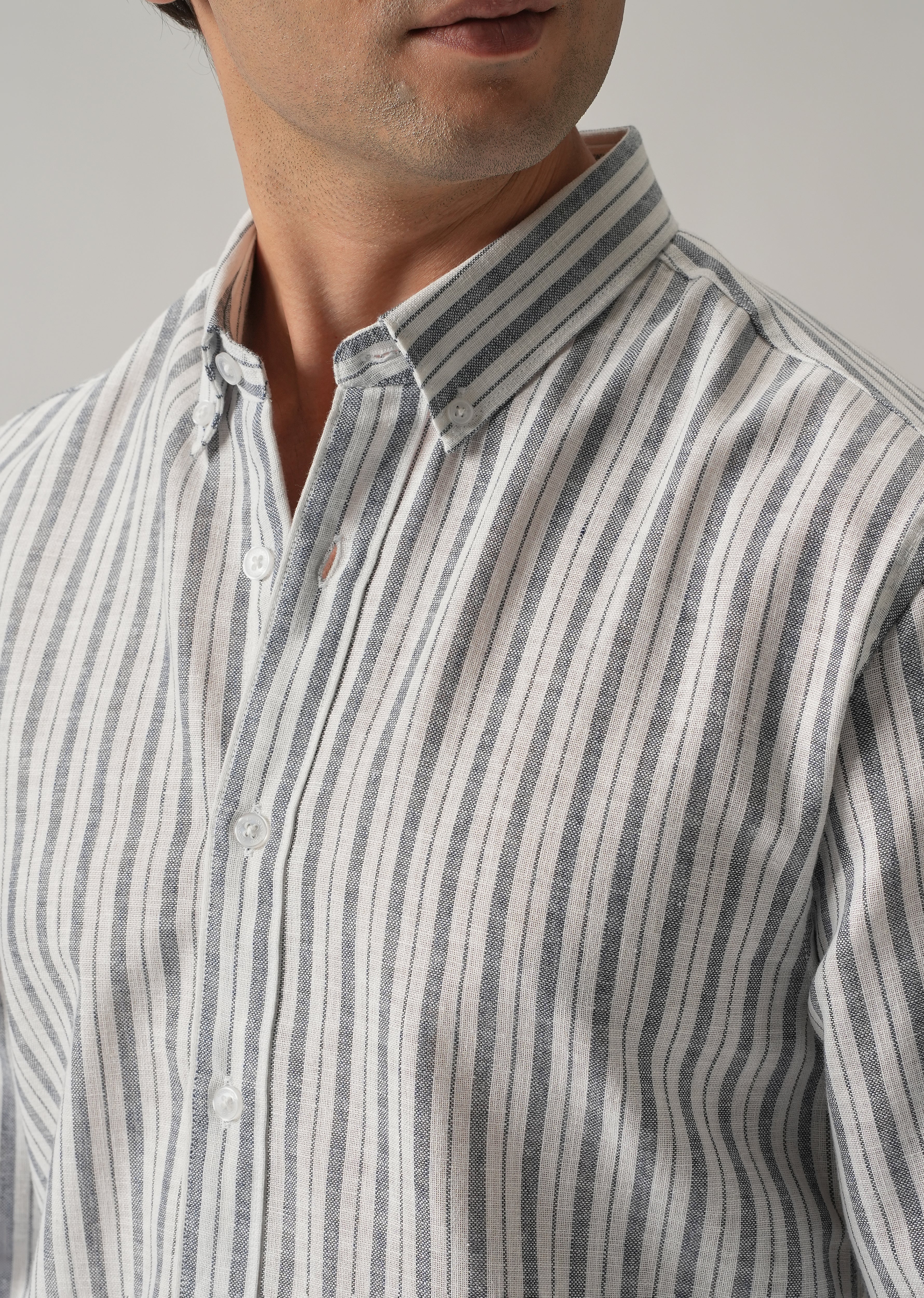 Dark Blue Linen Stripe Shirt - Image 5