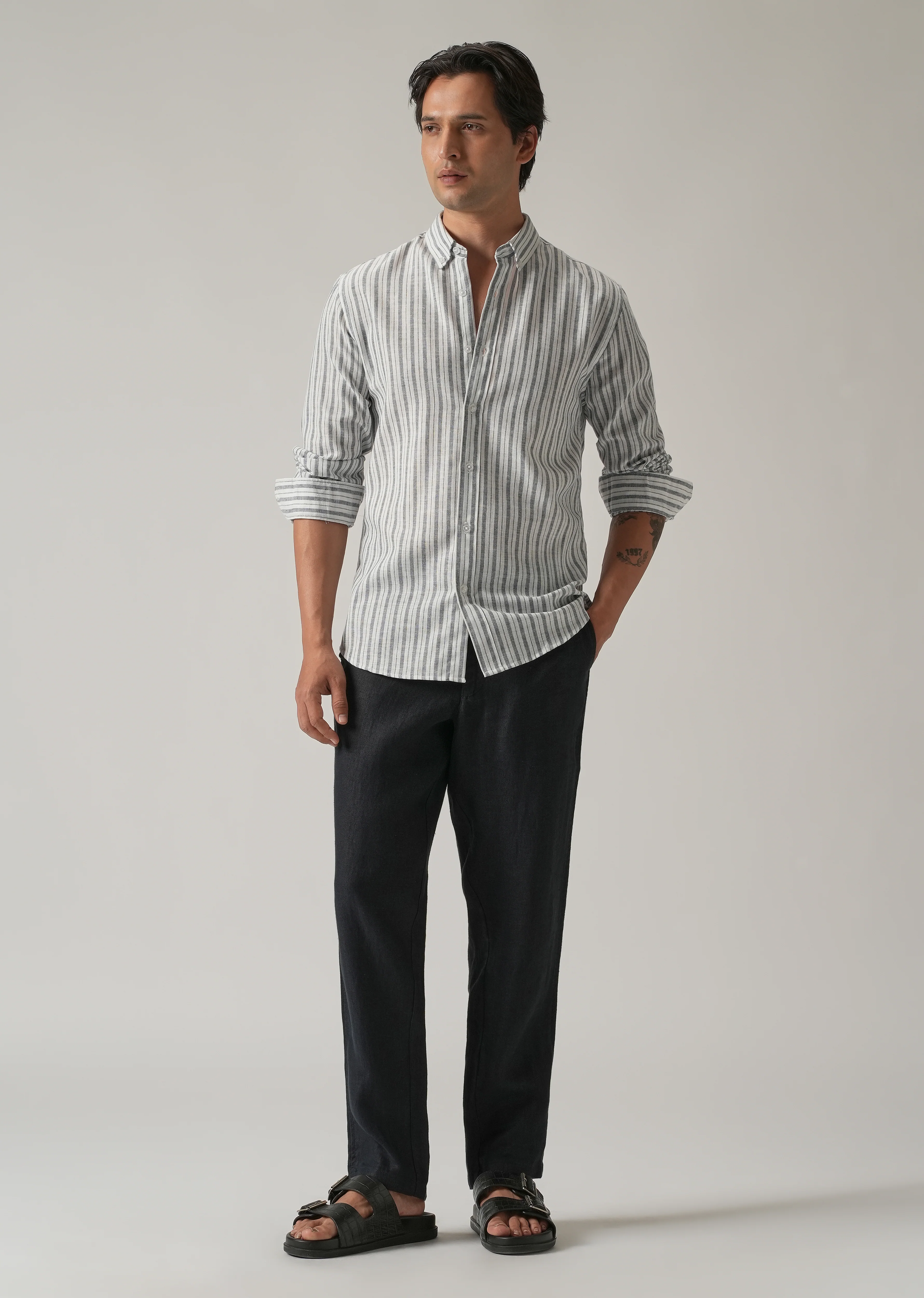 Dark Blue Linen Stripe Shirt - Image 6