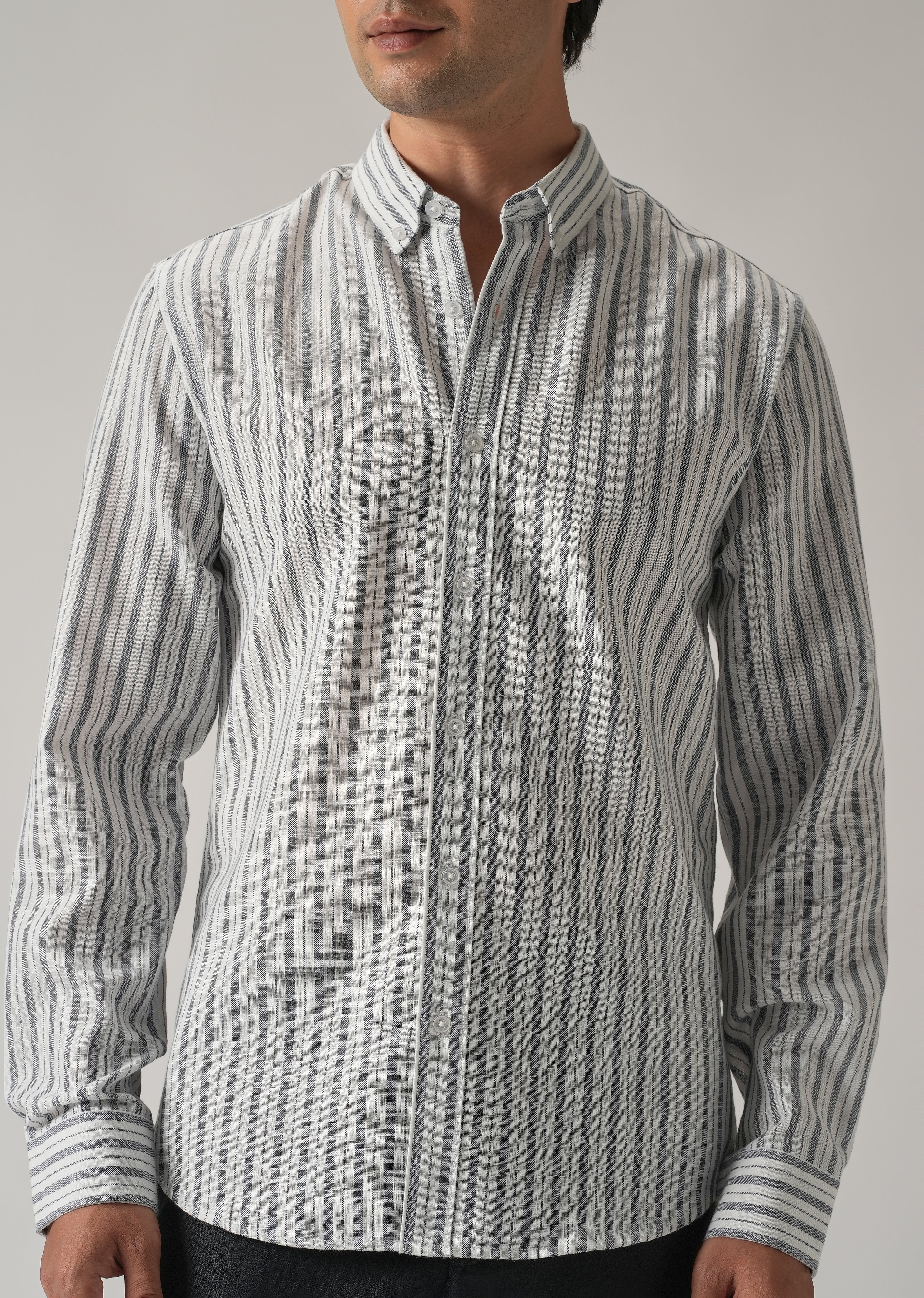 Dark Blue Linen Stripe Shirt - Image 7