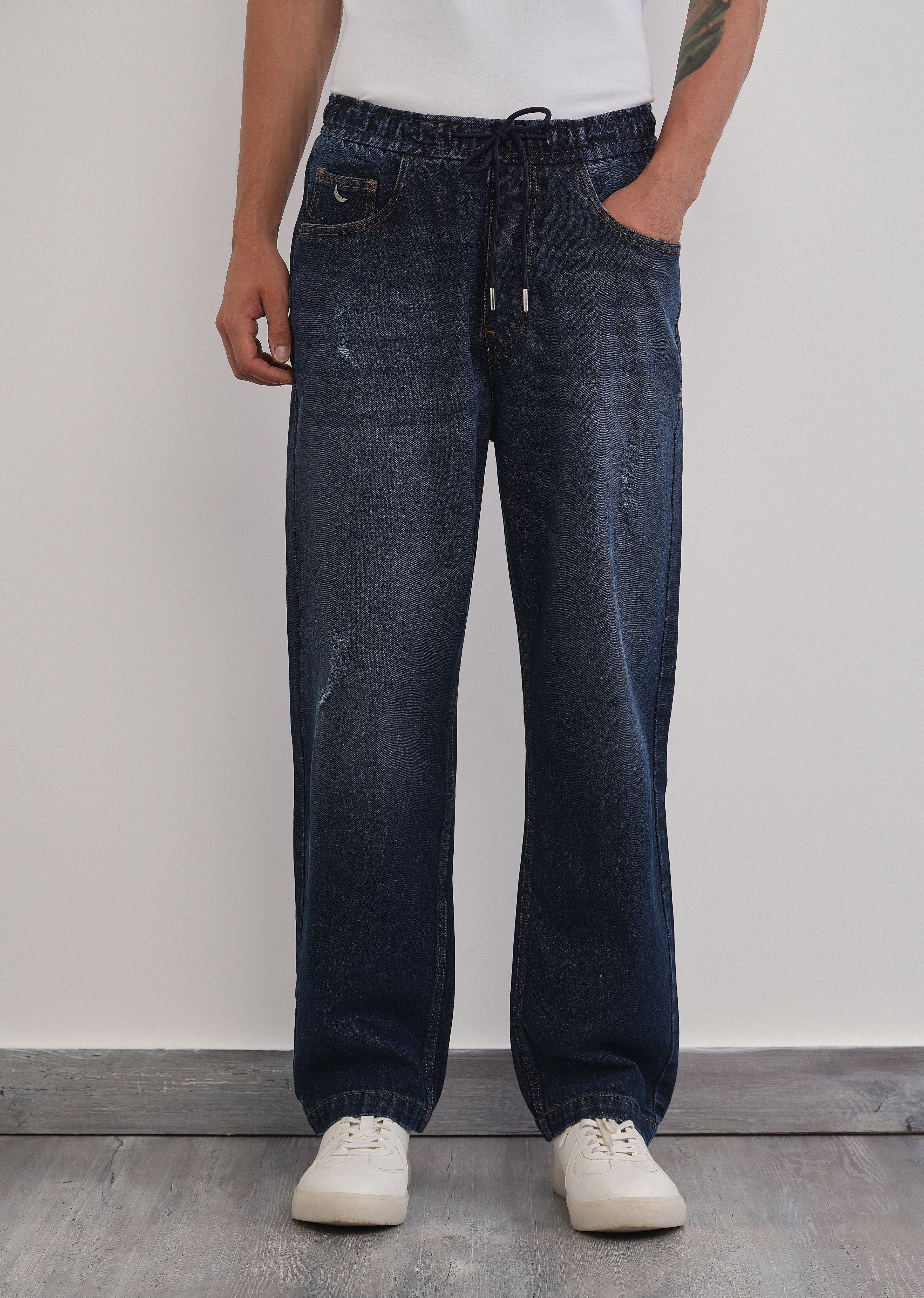 Dark Blue Loose Fit Elasticated Jogger Jeans - Image 3