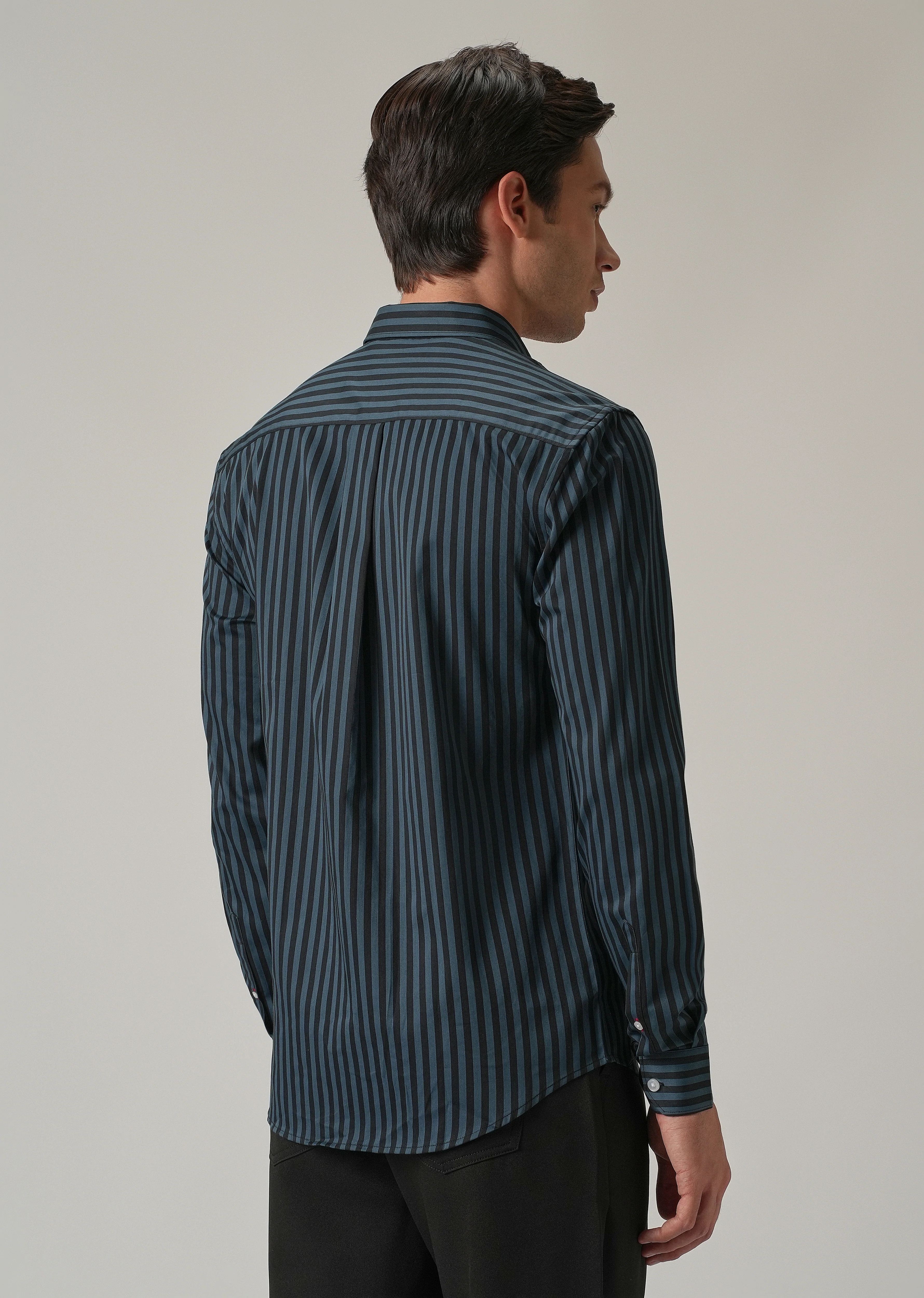 Dark Blue Satin Pin Stripe Shirt - Image 2