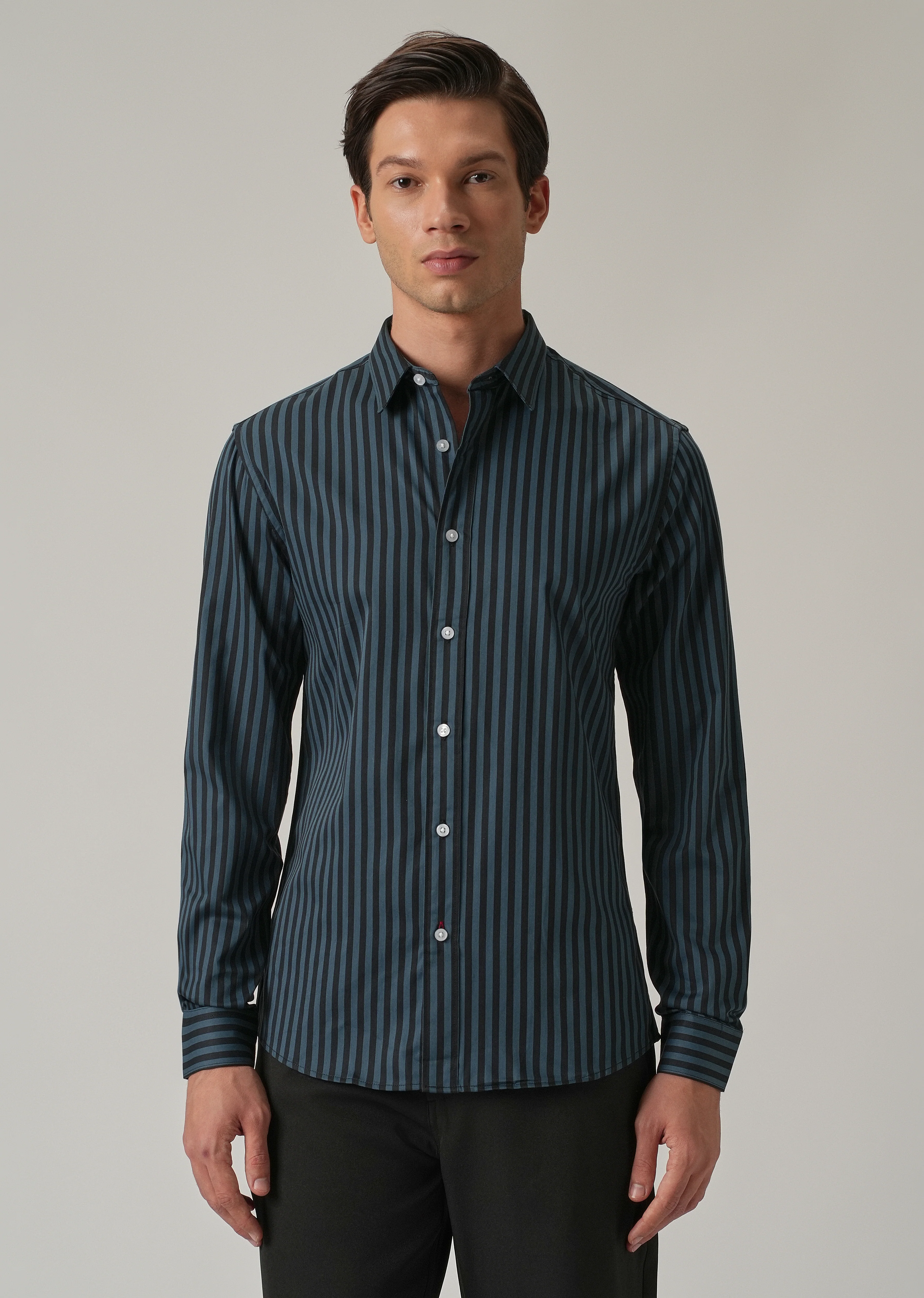 Dark Blue Satin Pin Stripe Shirt - Image 3
