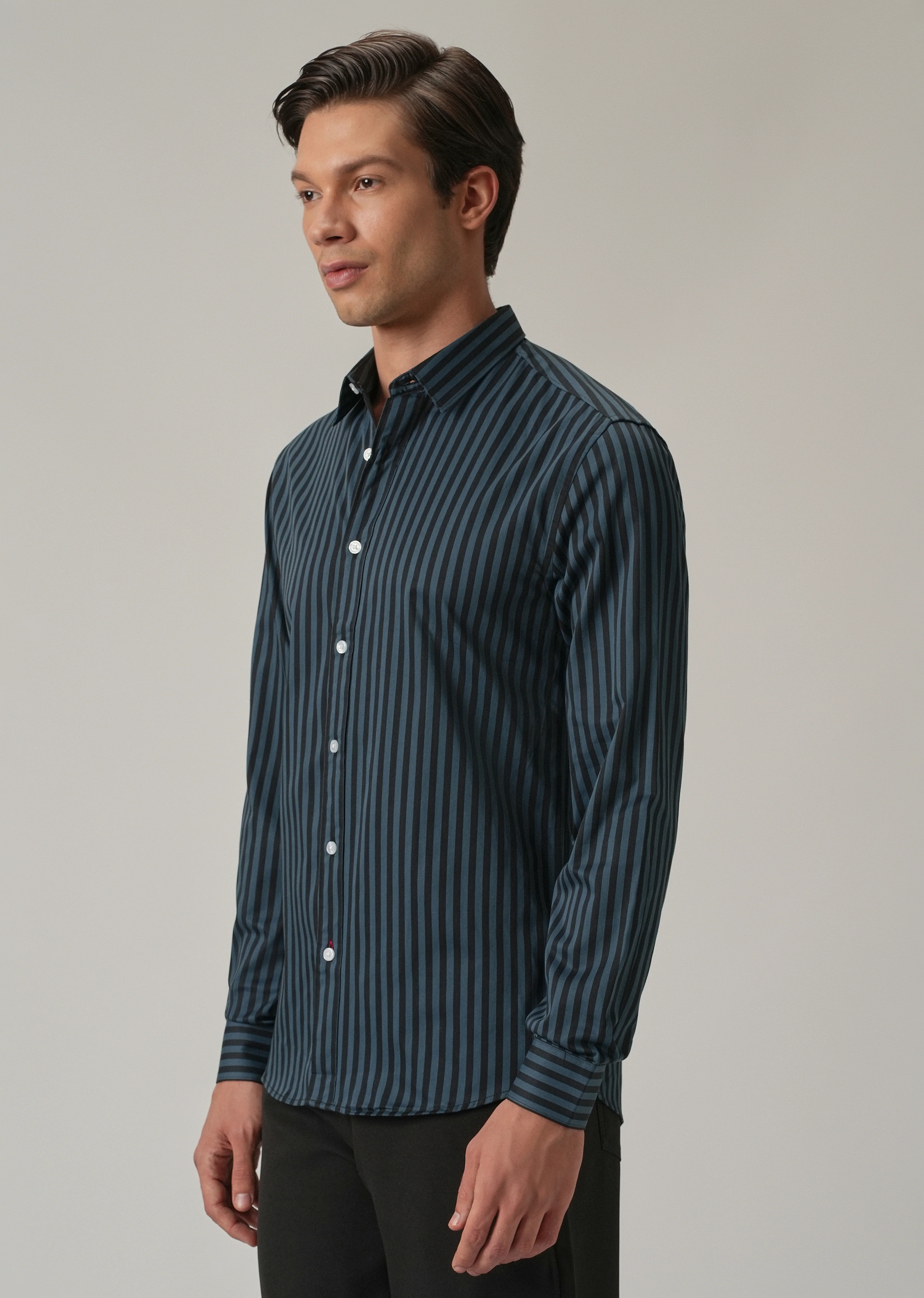 Dark Blue Satin Pin Stripe Shirt - Image 4