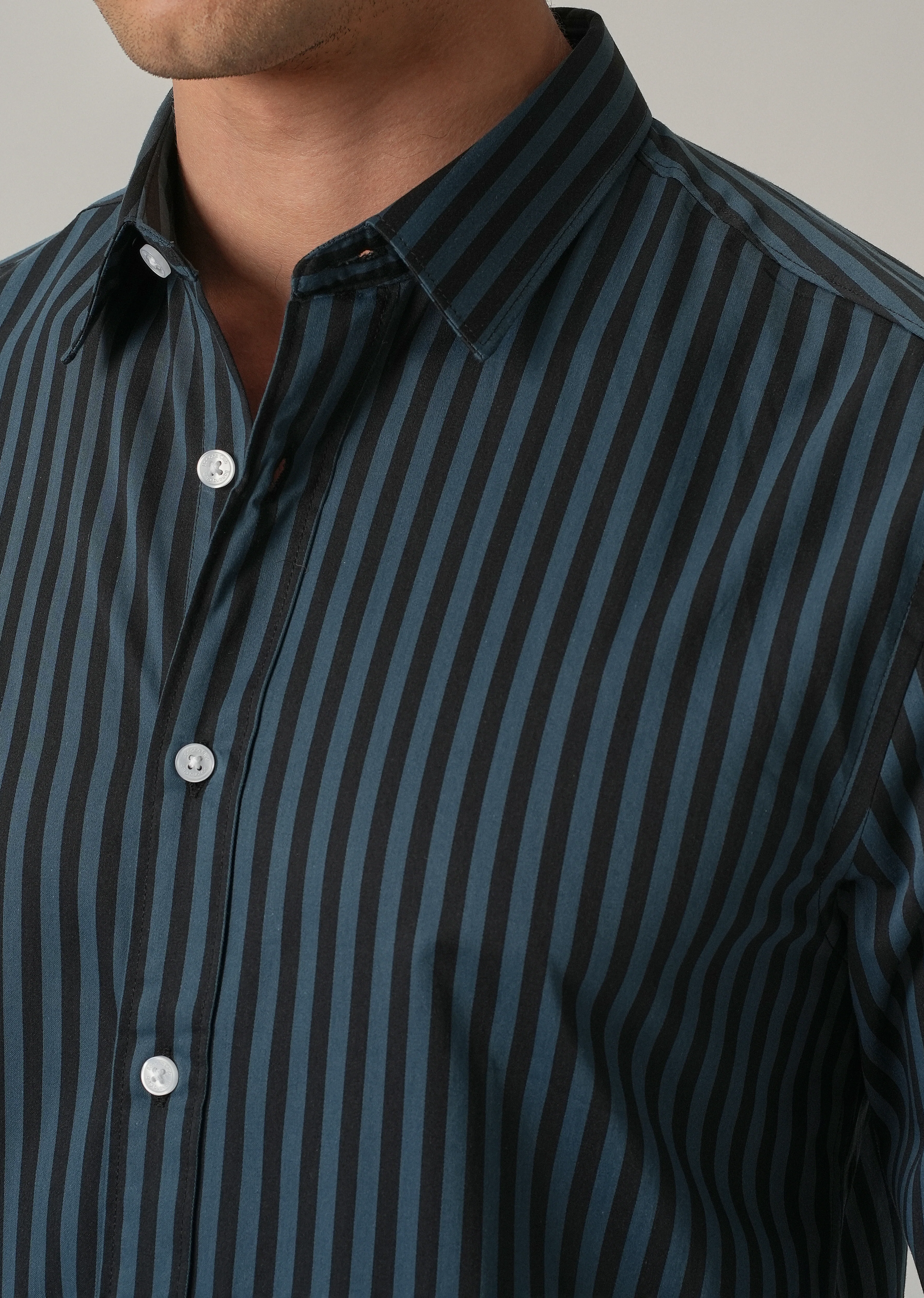 Dark Blue Satin Pin Stripe Shirt - Image 5