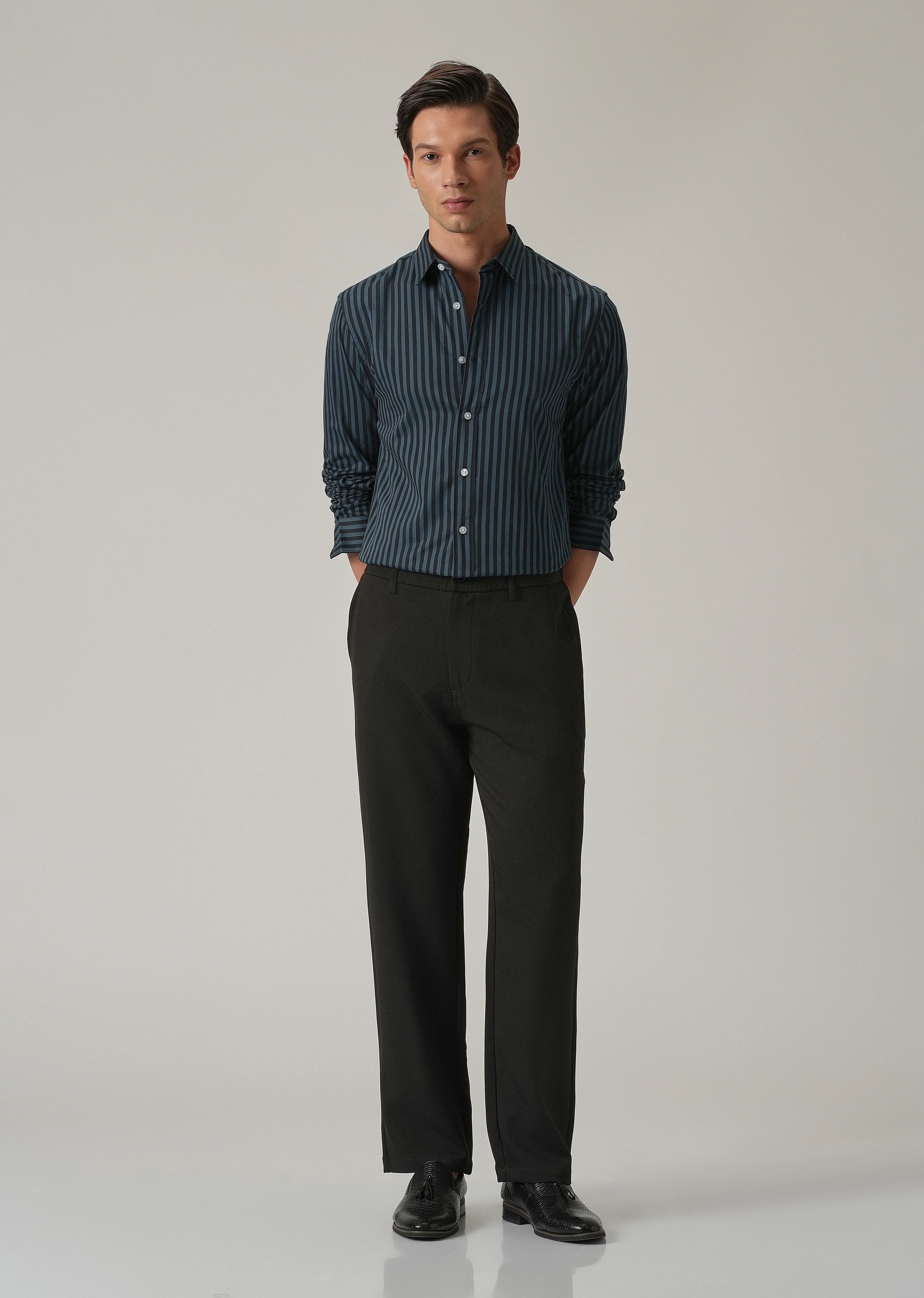 Dark Blue Satin Pin Stripe Shirt - Image 6
