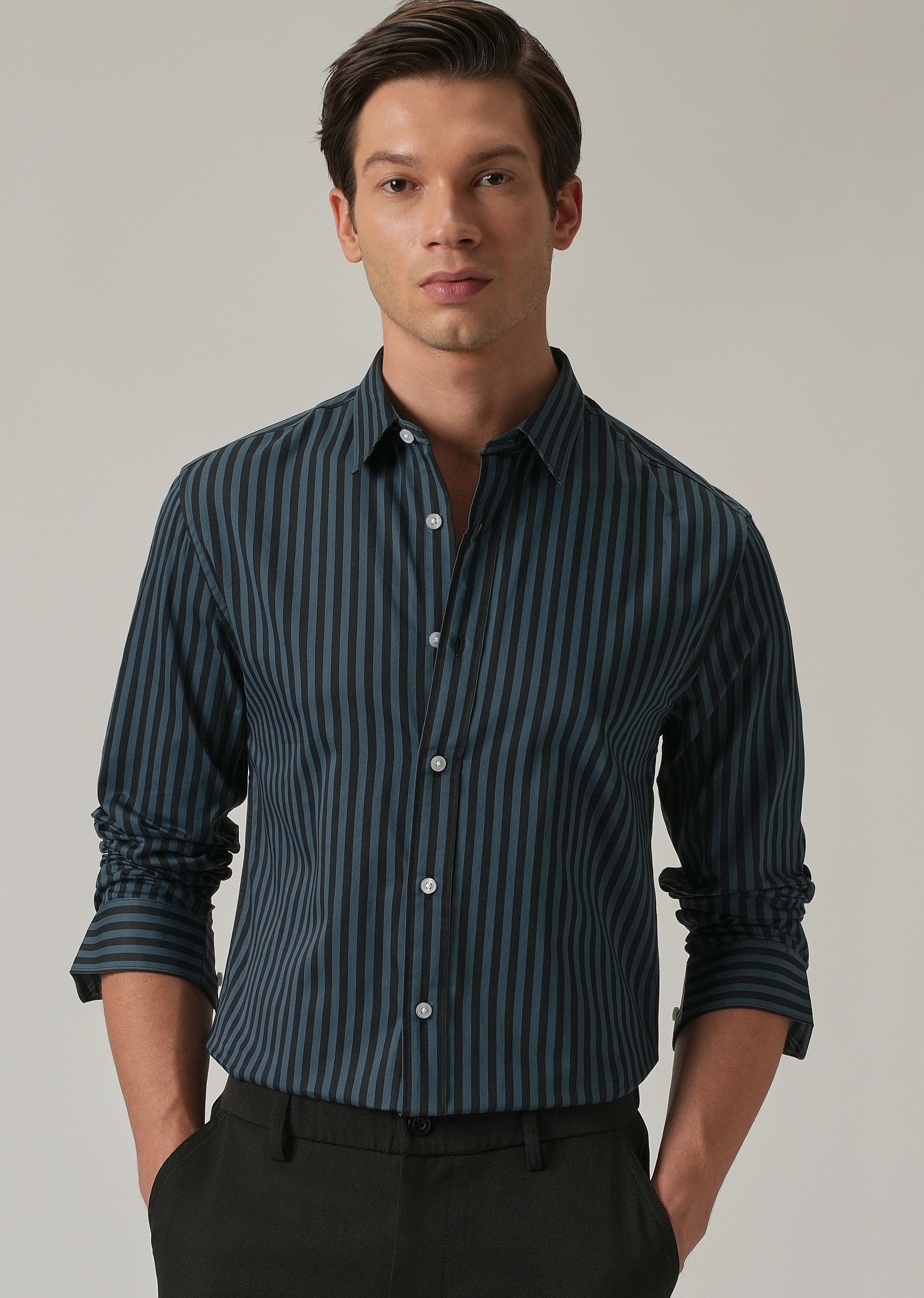 Dark Blue Satin Pin Stripe Shirt - Image 7