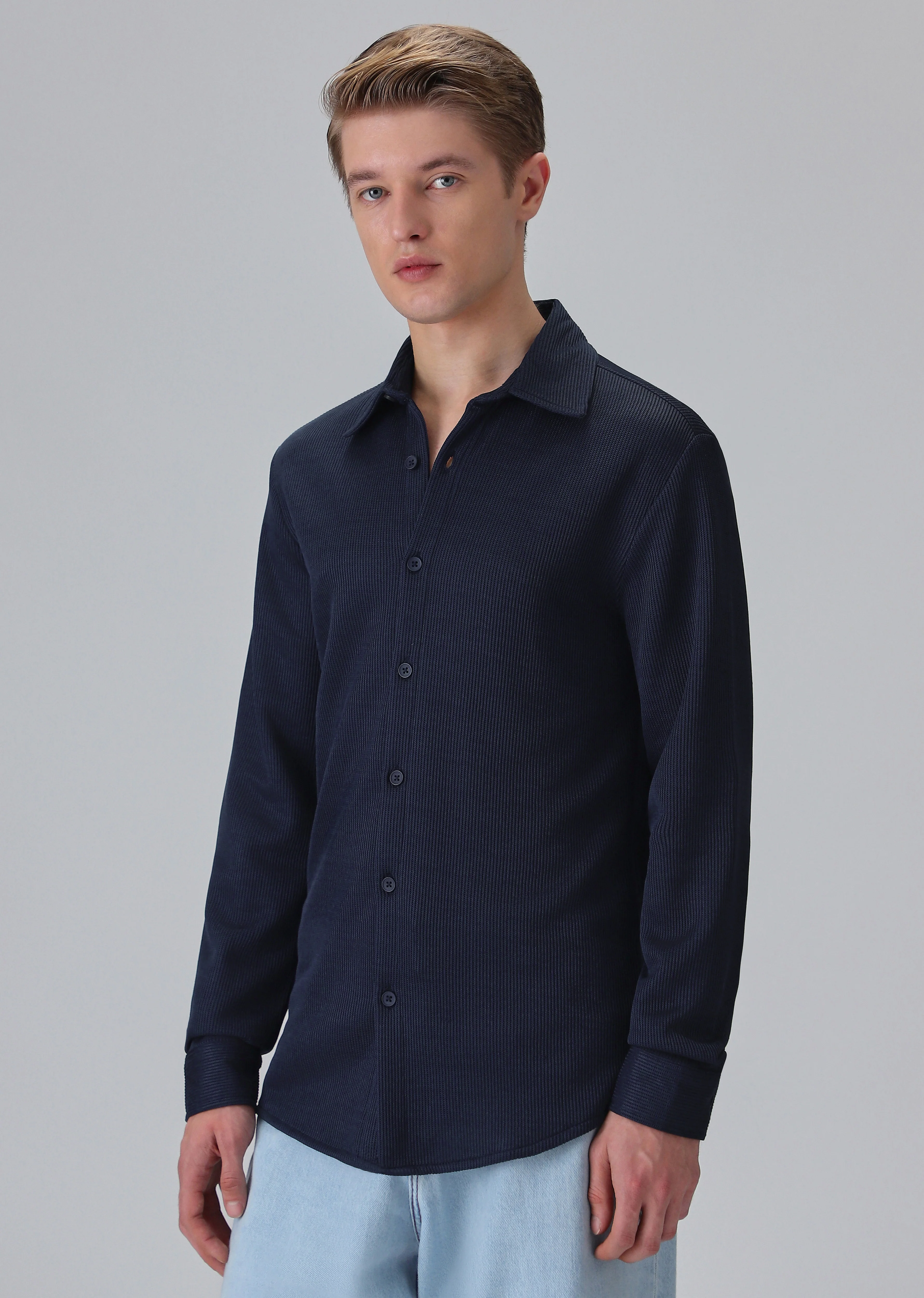 Dark Blue Plain Knitted Shirt - Image 4