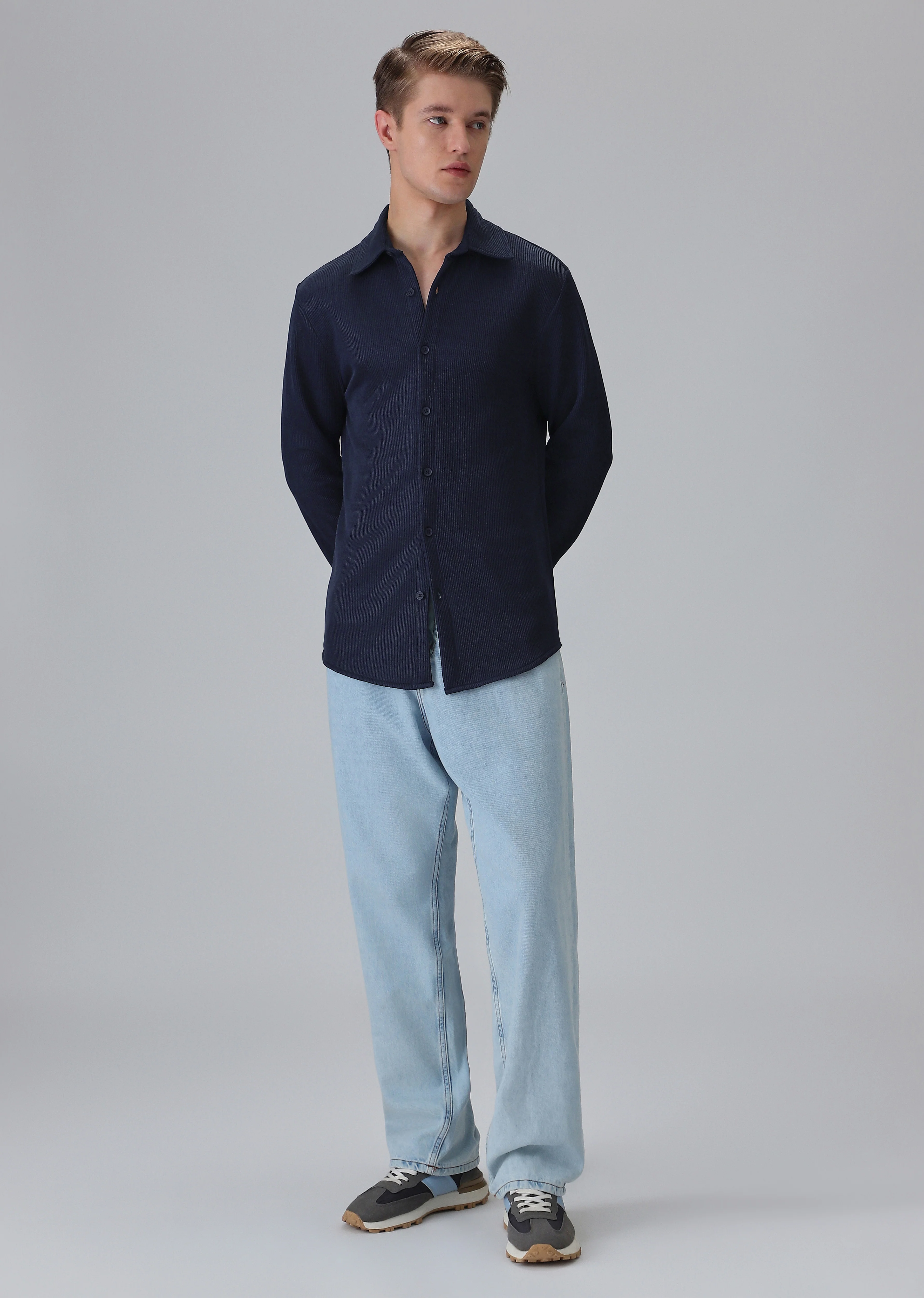 Dark Blue Plain Knitted Shirt - Image 6