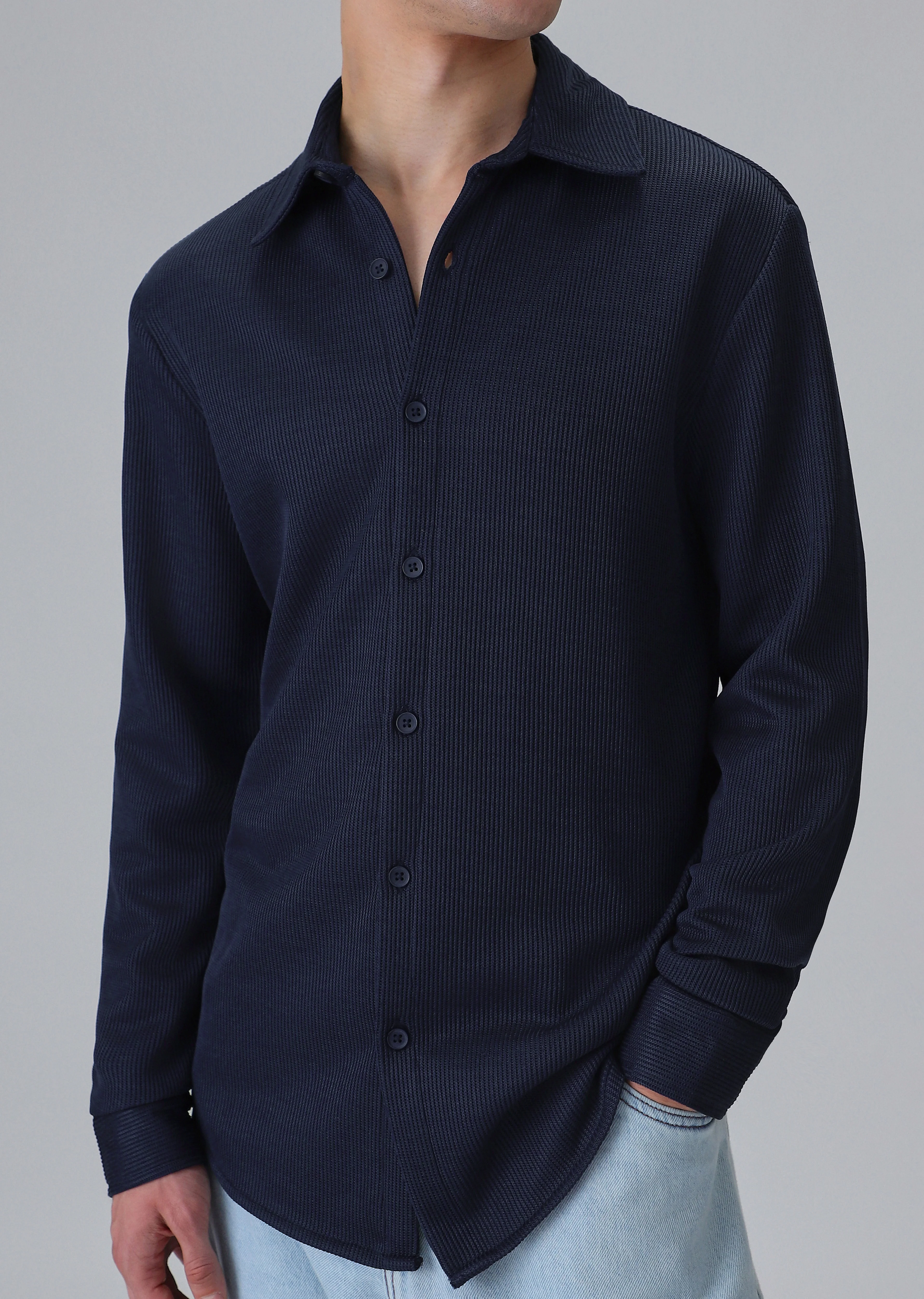 Dark Blue Plain Knitted Shirt - Image 7