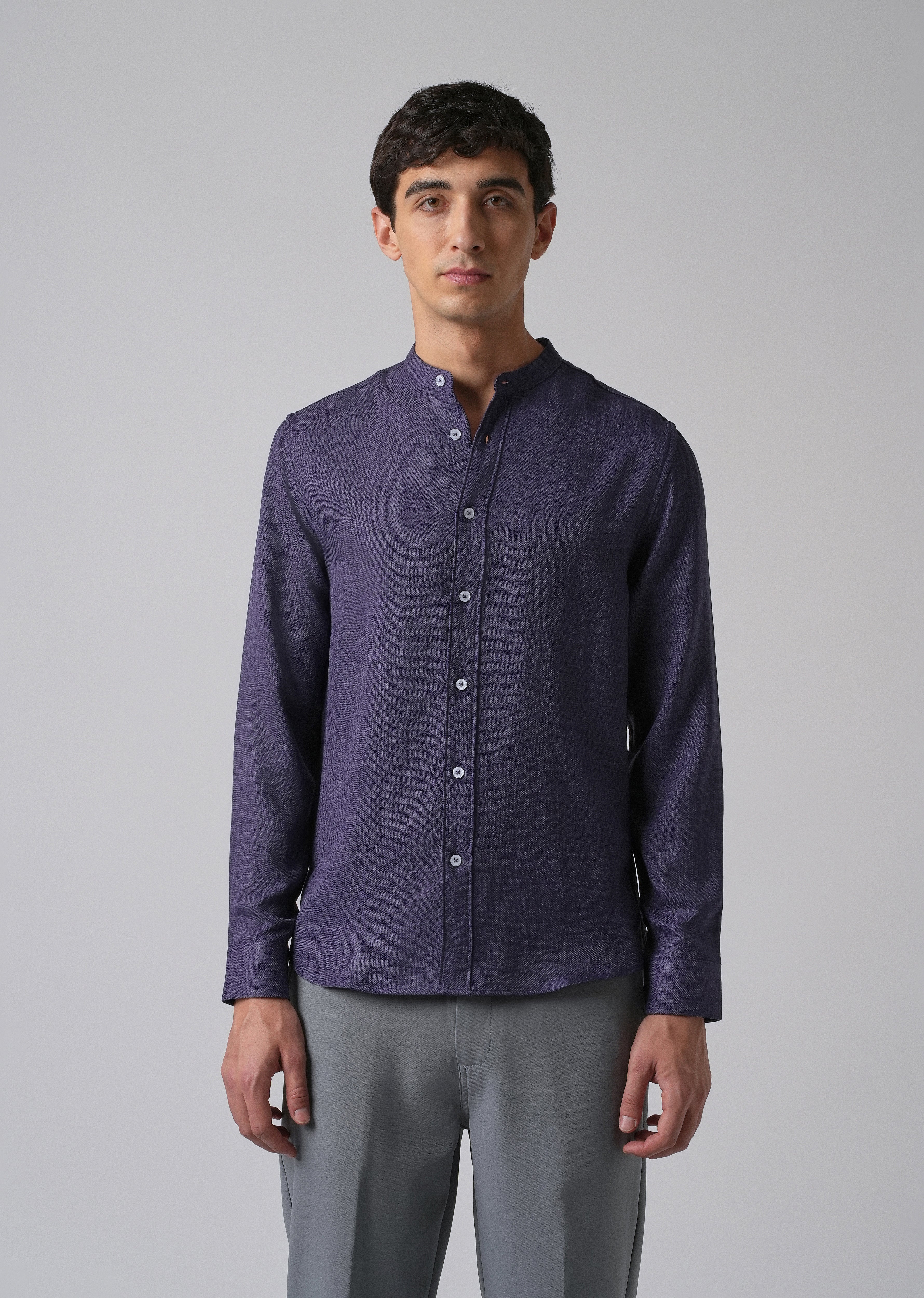 Dark Blue Plain Mandarin Collar Shirt - Image 3