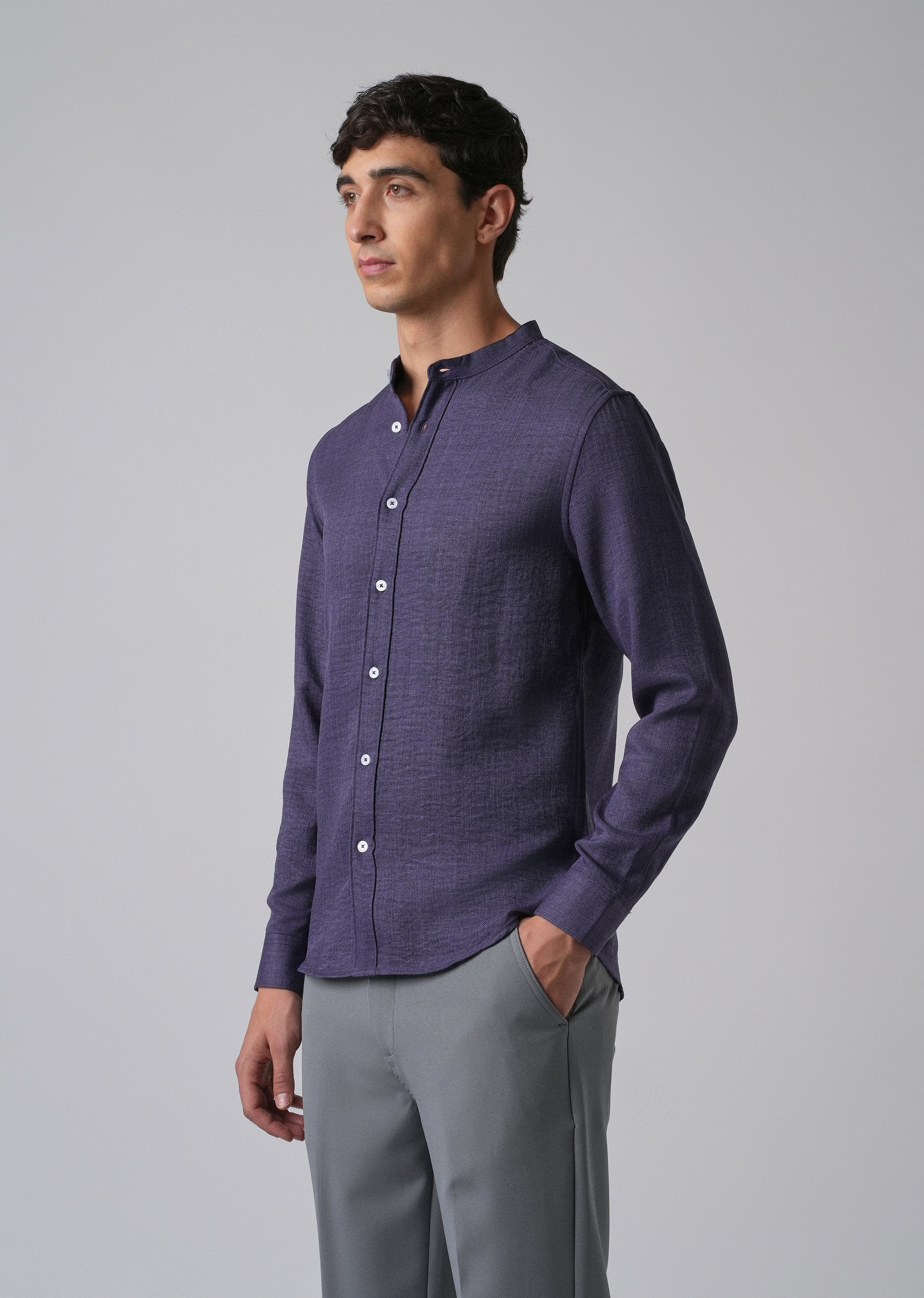 Dark Blue Plain Mandarin Collar Shirt - Image 4