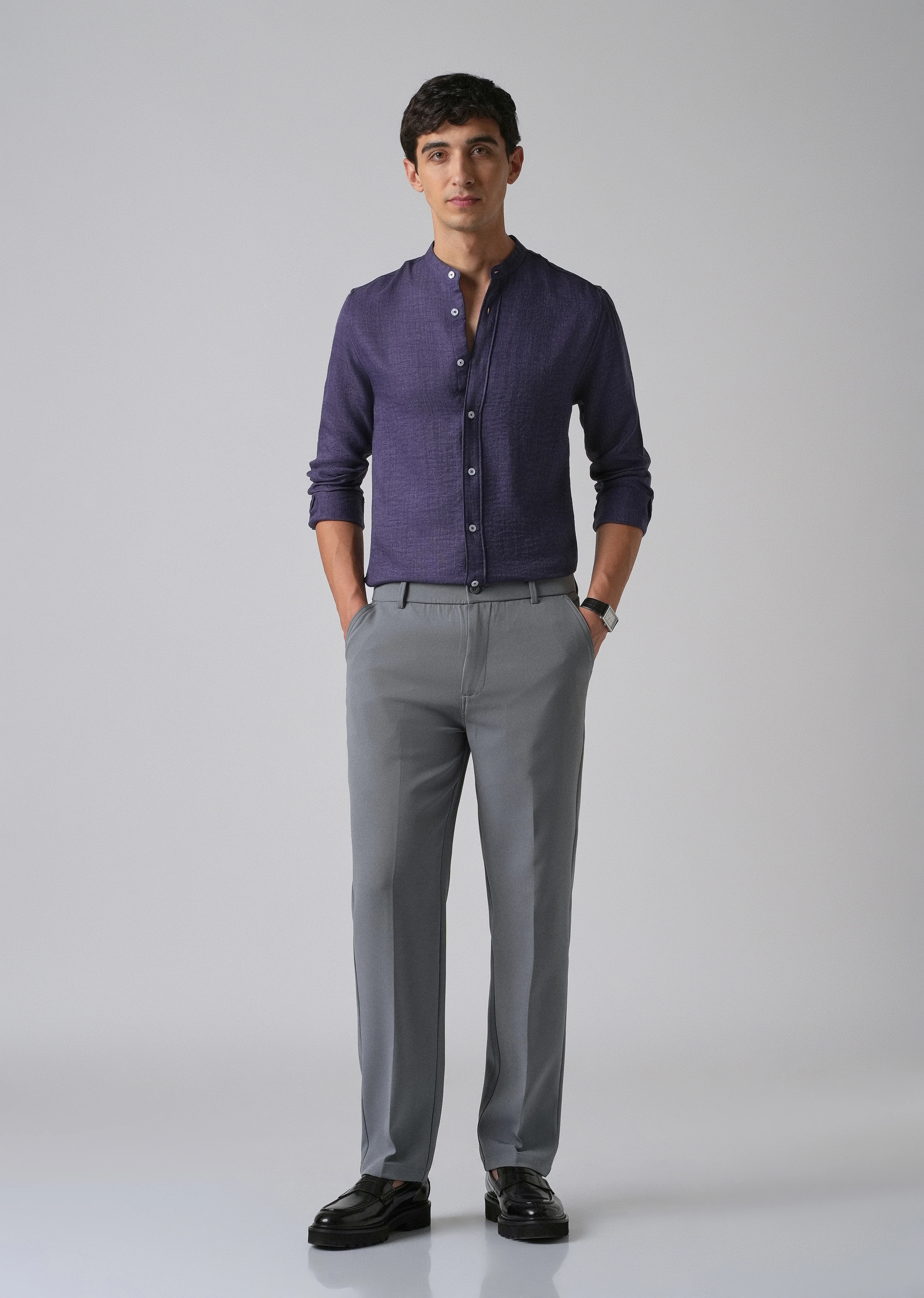 Dark Blue Plain Mandarin Collar Shirt - Image 6