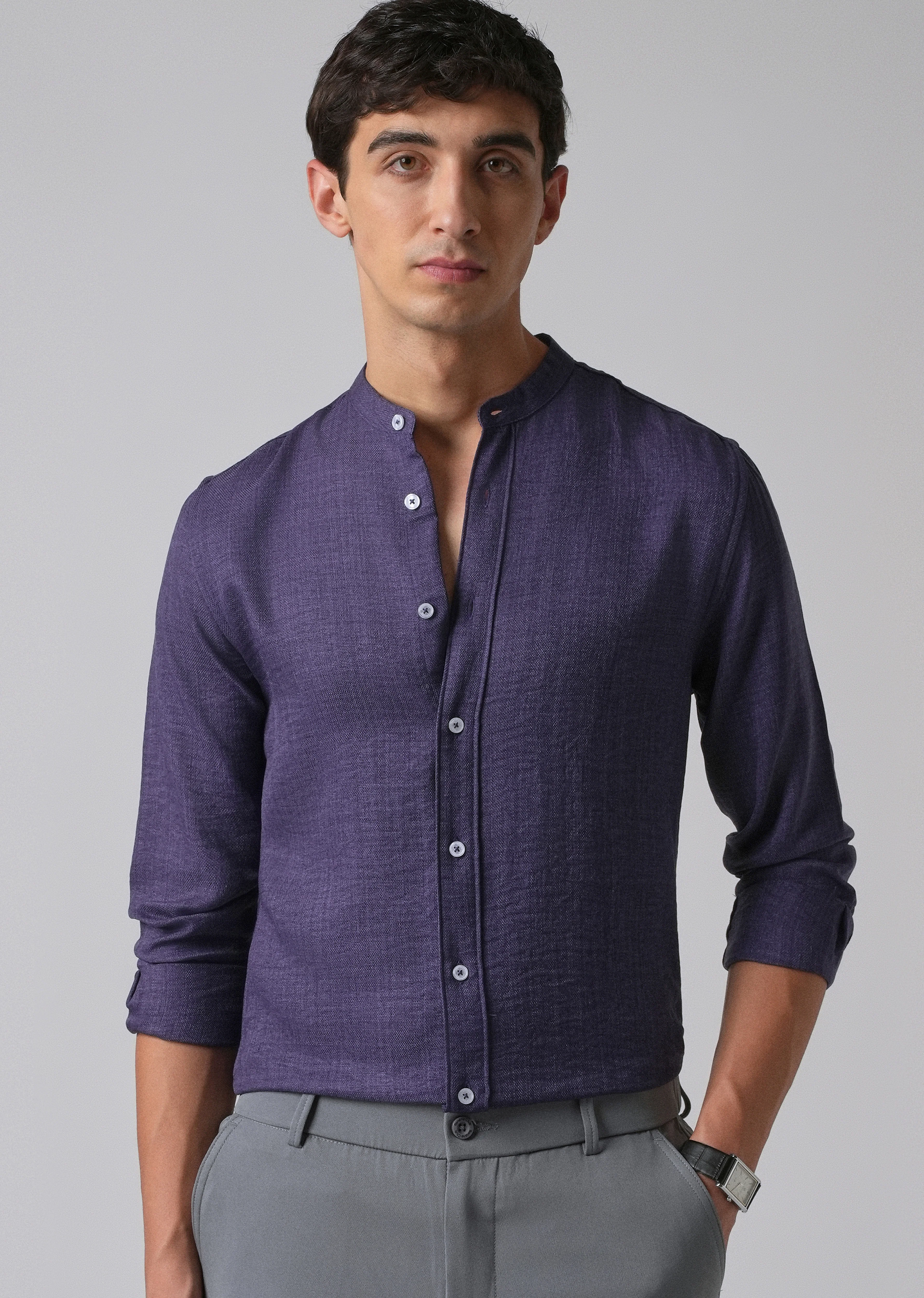 Dark Blue Plain Mandarin Collar Shirt - Image 7