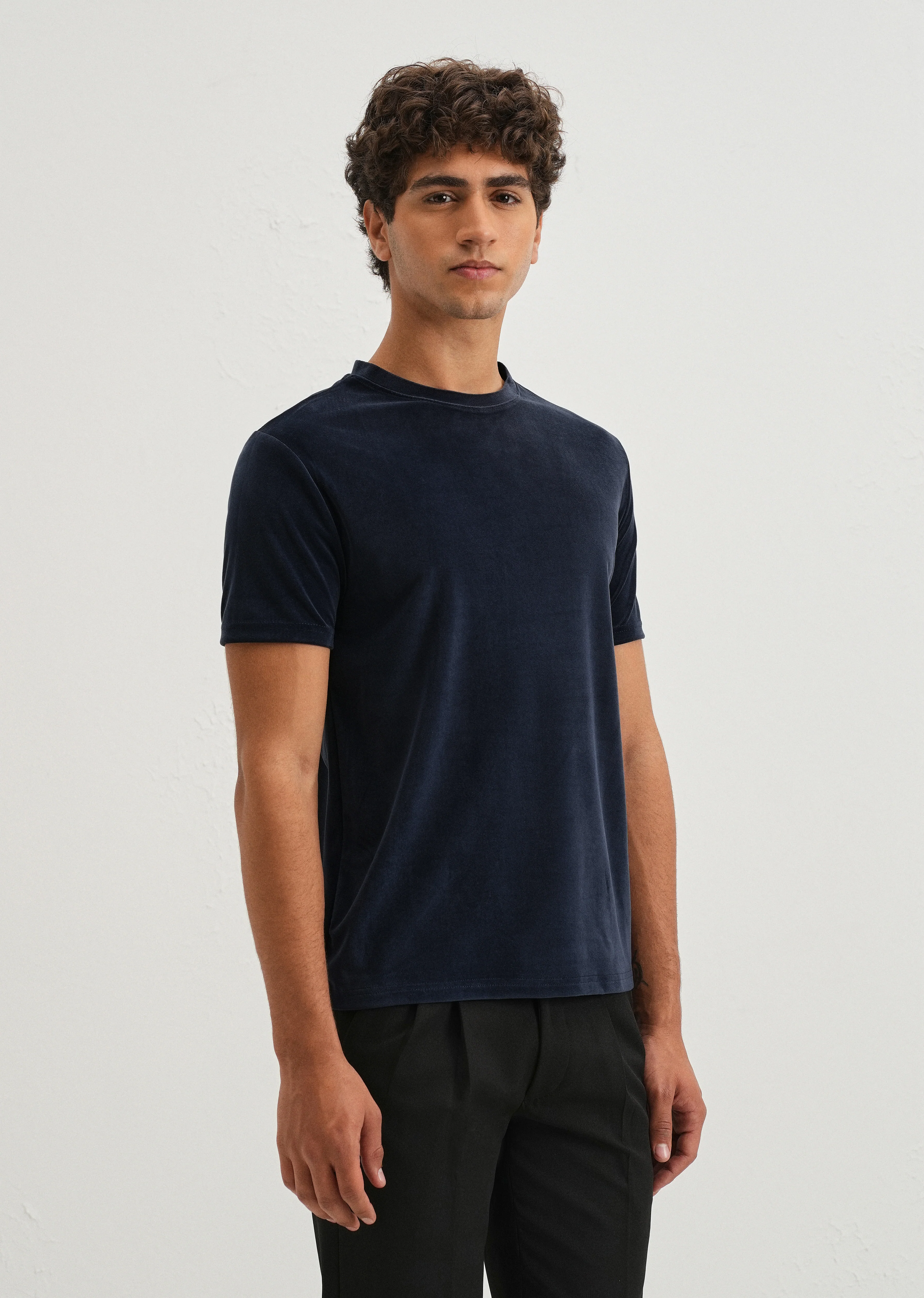 Dark Blue Plain Suede T-shirt - Image 4