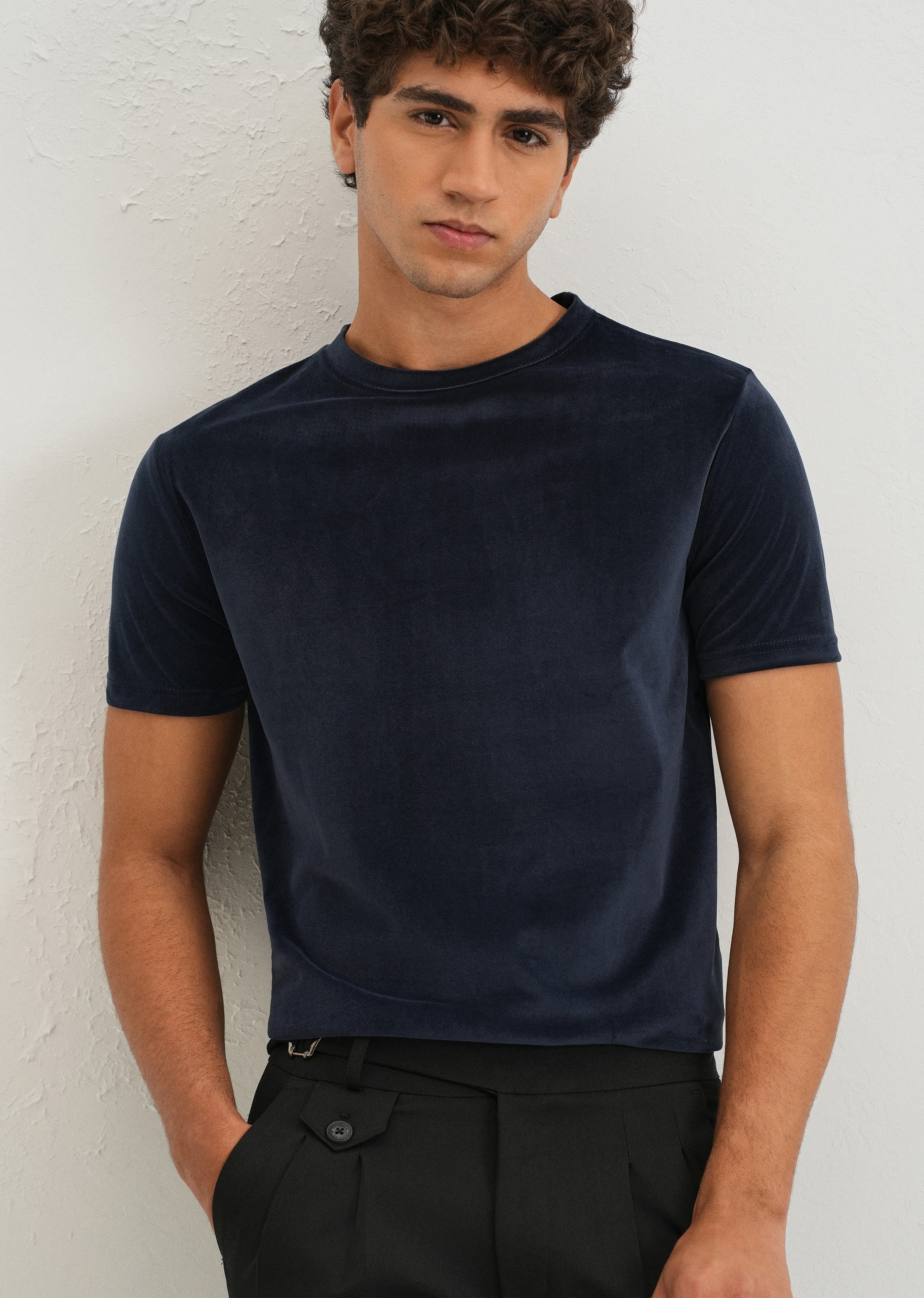 Dark Blue Plain Suede T-shirt - Image 7