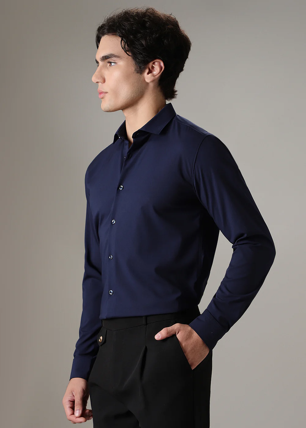 Dark Blue Plain Wrinkle Free Shirt - Image 5