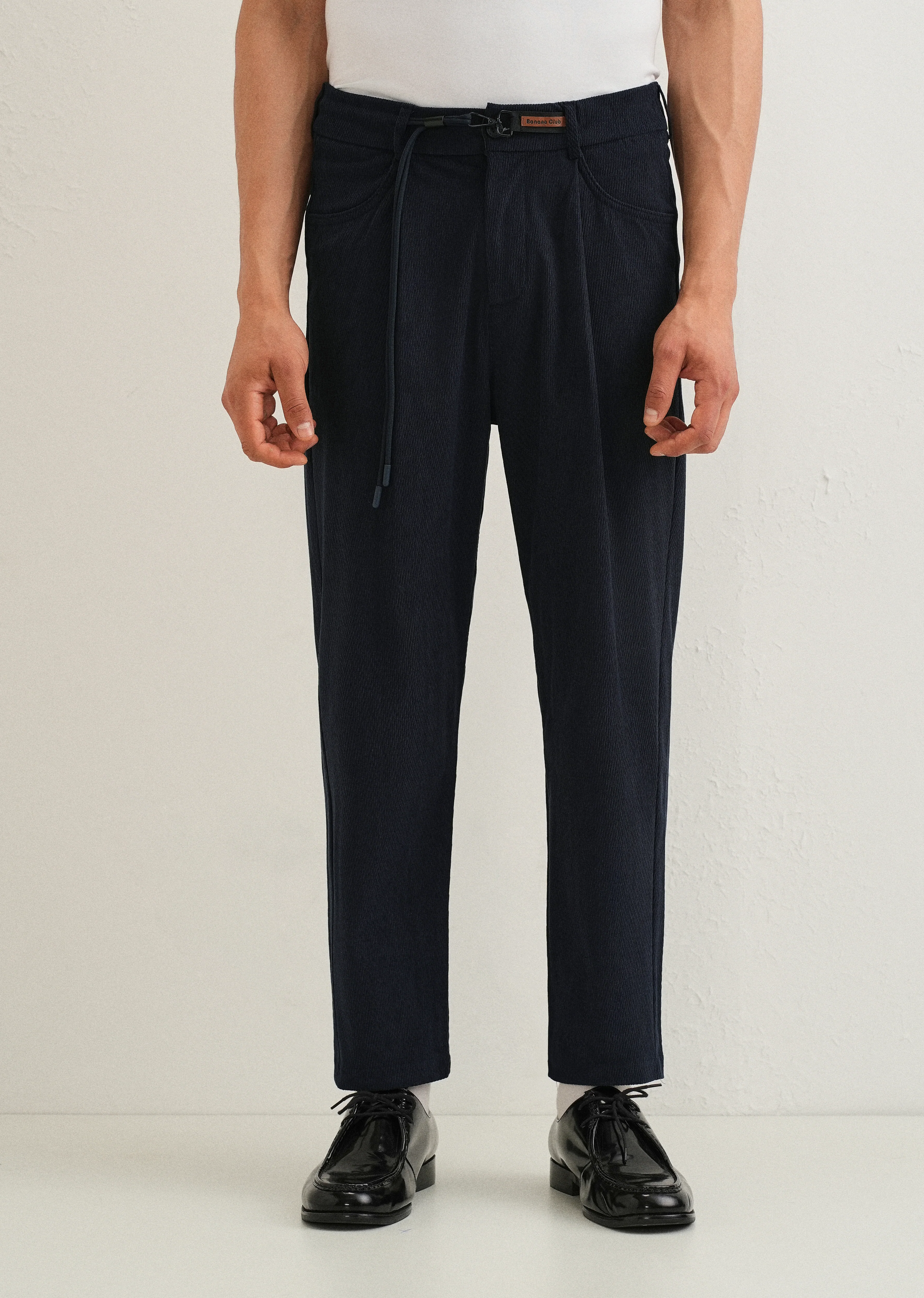 Dark Blue Textured Corduroy Drawstring Pant - Image 3
