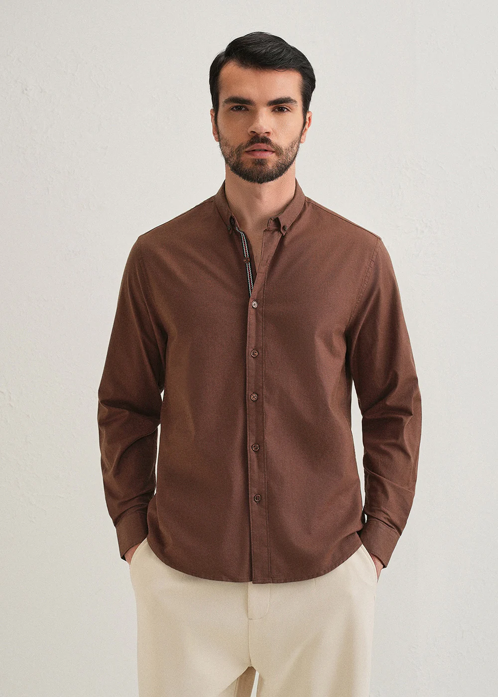 Dark Brown Contrast Placket Shirt - Image 3