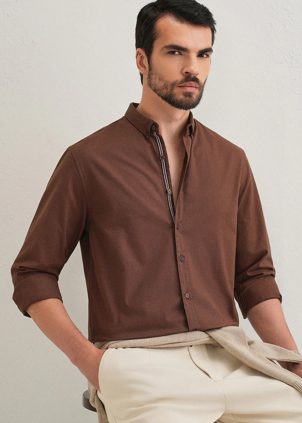 Dark Brown Contrast Placket Shirt - Image 8
