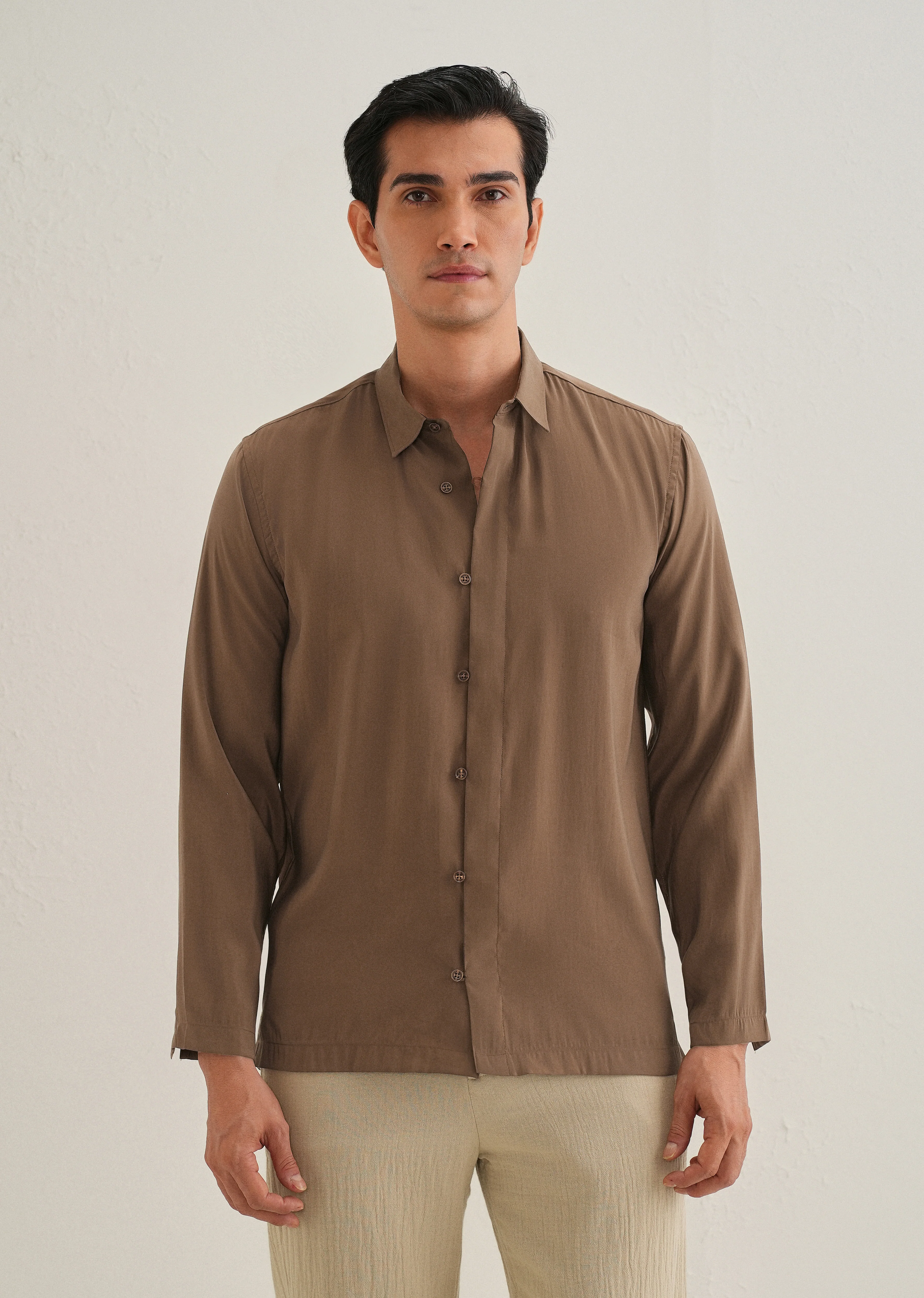 Dark Brown Loop Button-Down Plain Shirt - Image 3