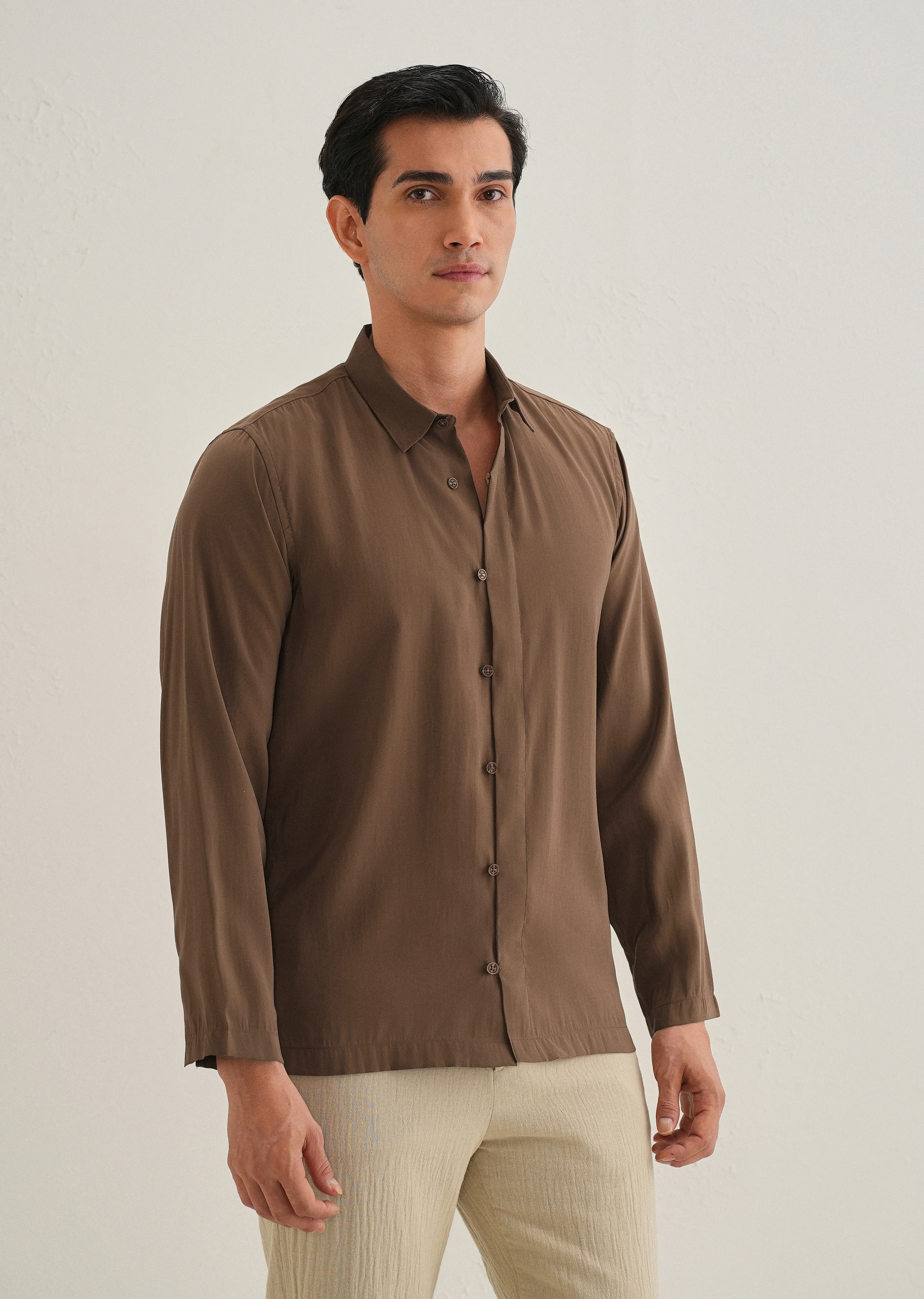 Dark Brown Loop Button-Down Plain Shirt - Image 5