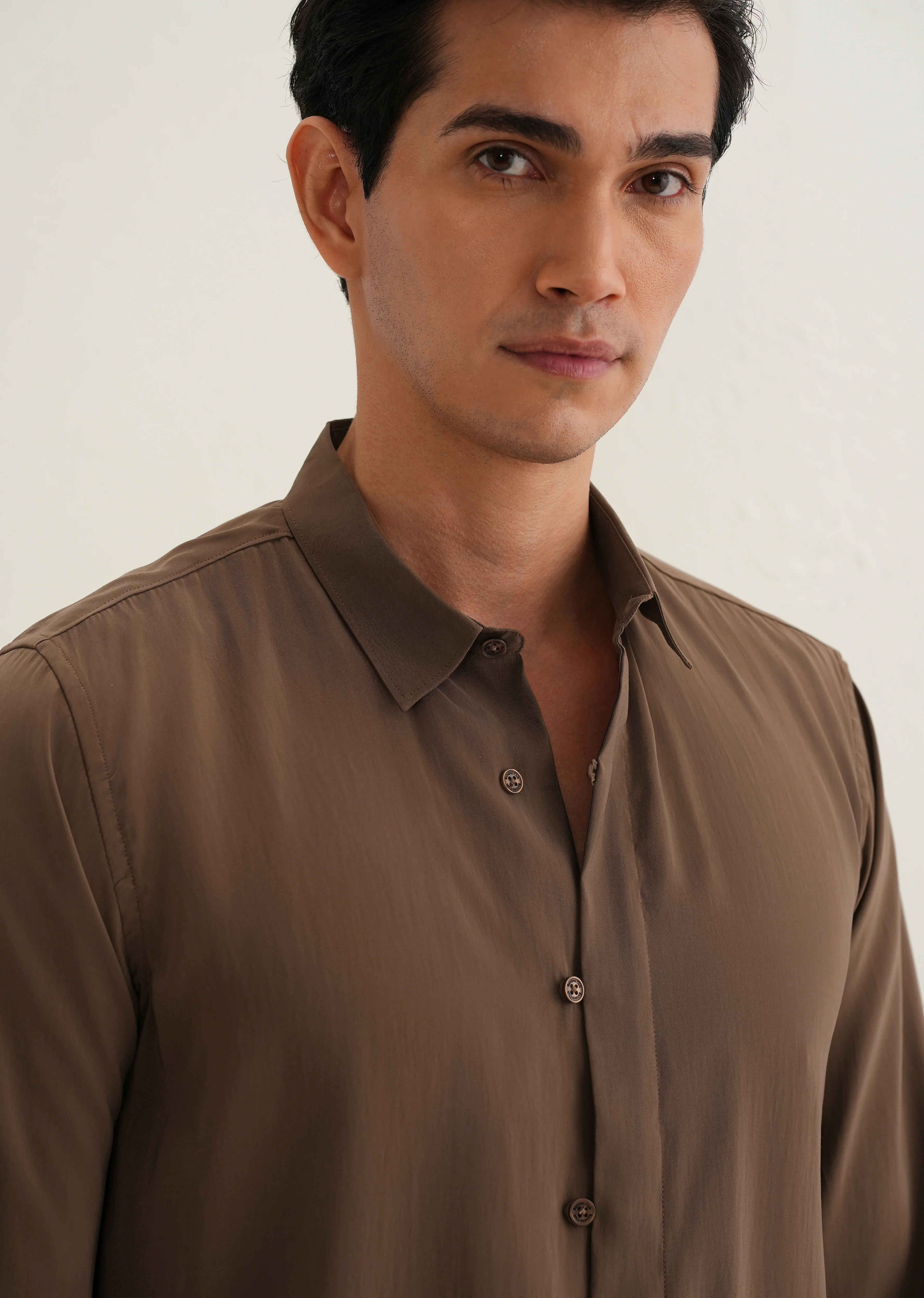 Dark Brown Loop Button-Down Plain Shirt - Image 6