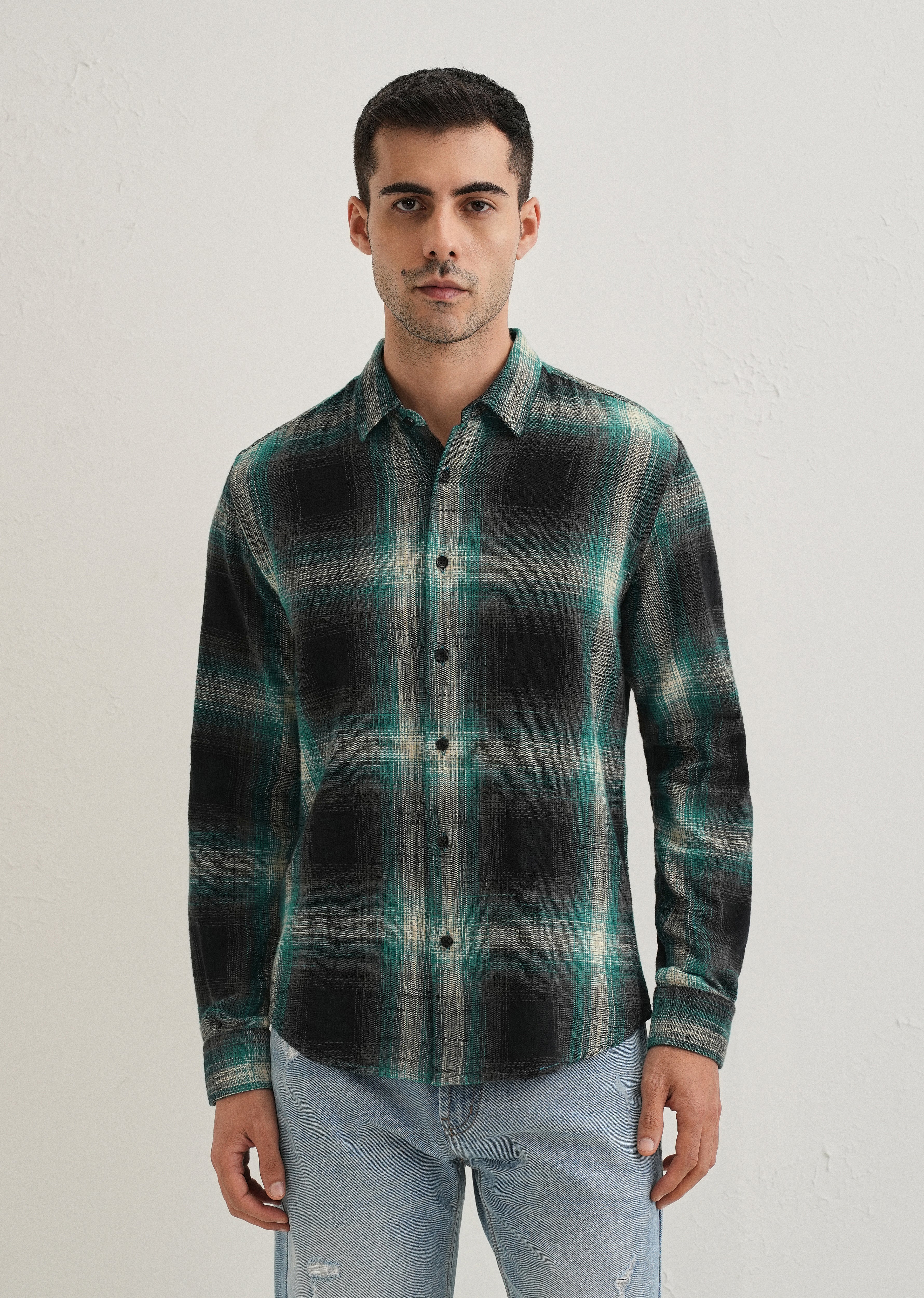 Dark Green Cotton Linen Check Shirt - Image 3