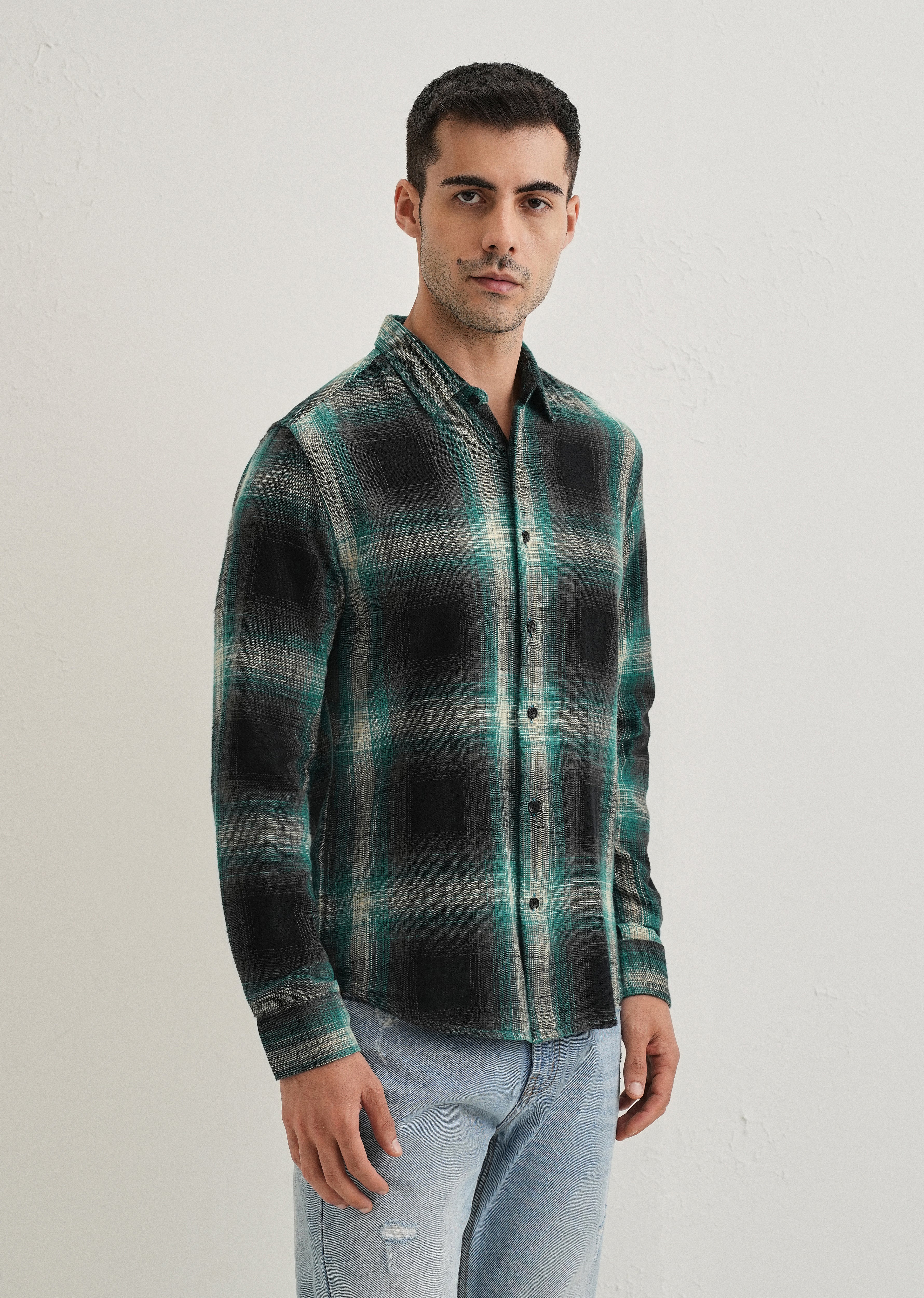 Dark Green Cotton Linen Check Shirt - Image 5