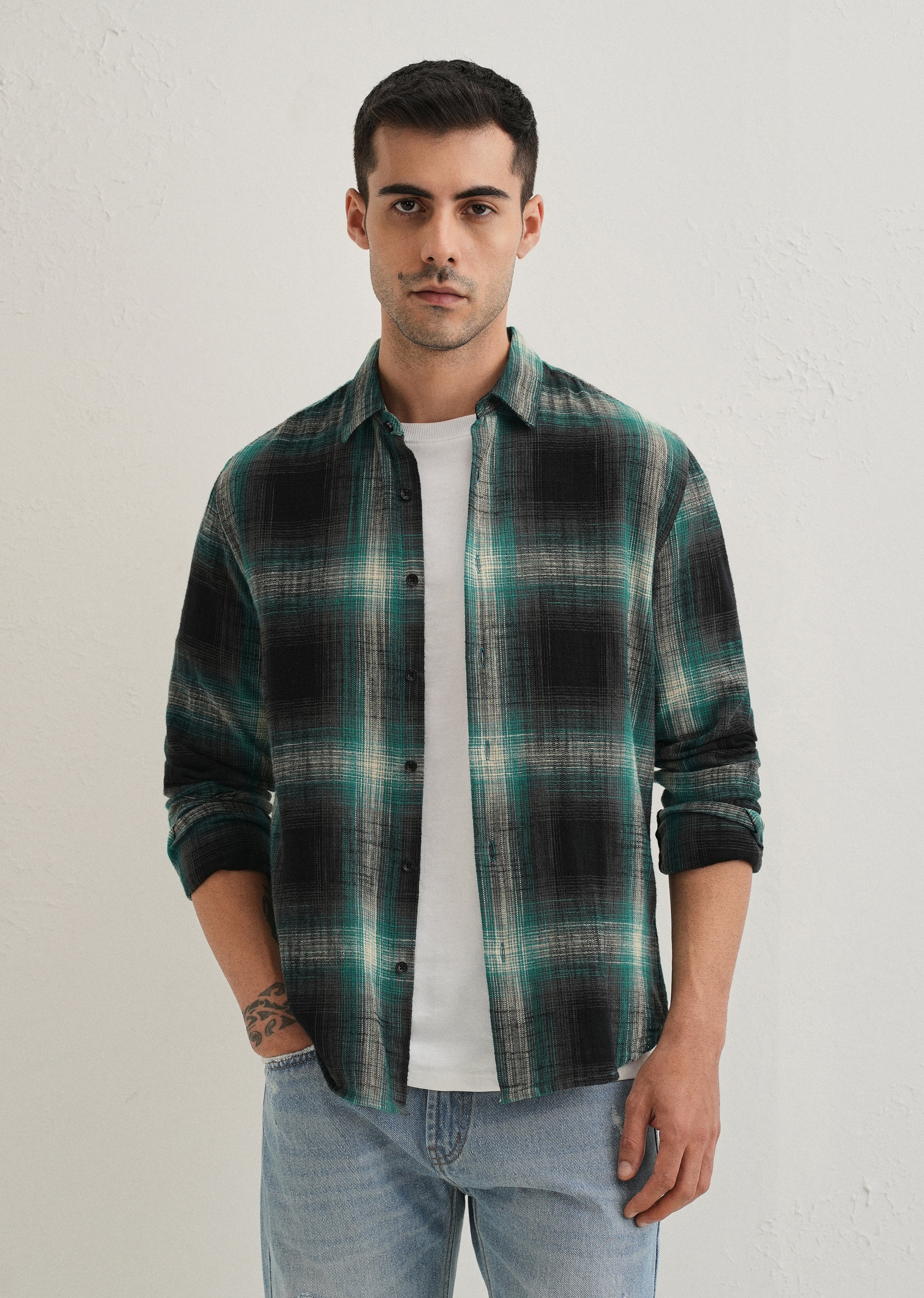 Dark Green Cotton Linen Check Shirt - Image 7