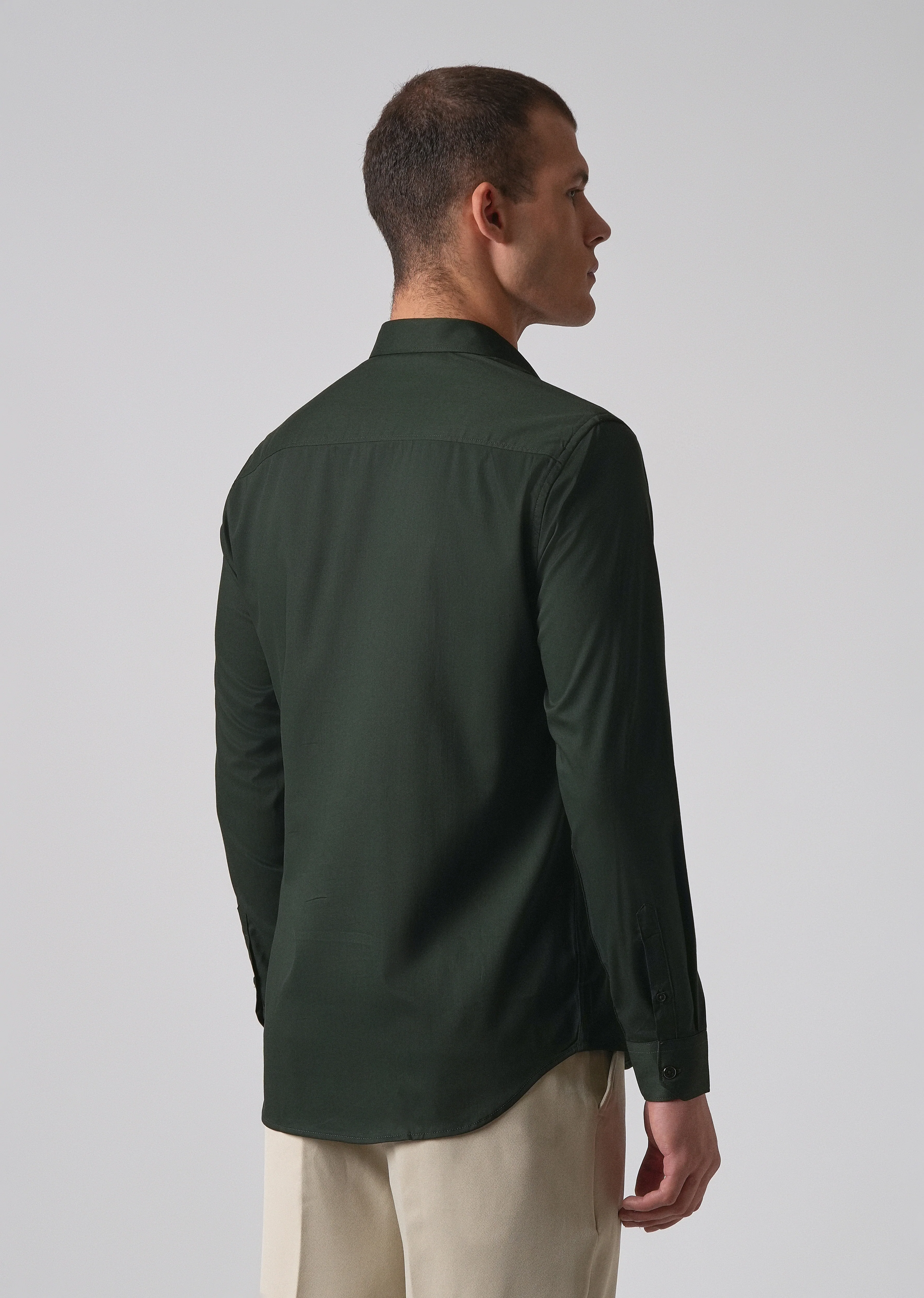 Dark Green Cotton Stretch Plain Shirt - Image 2