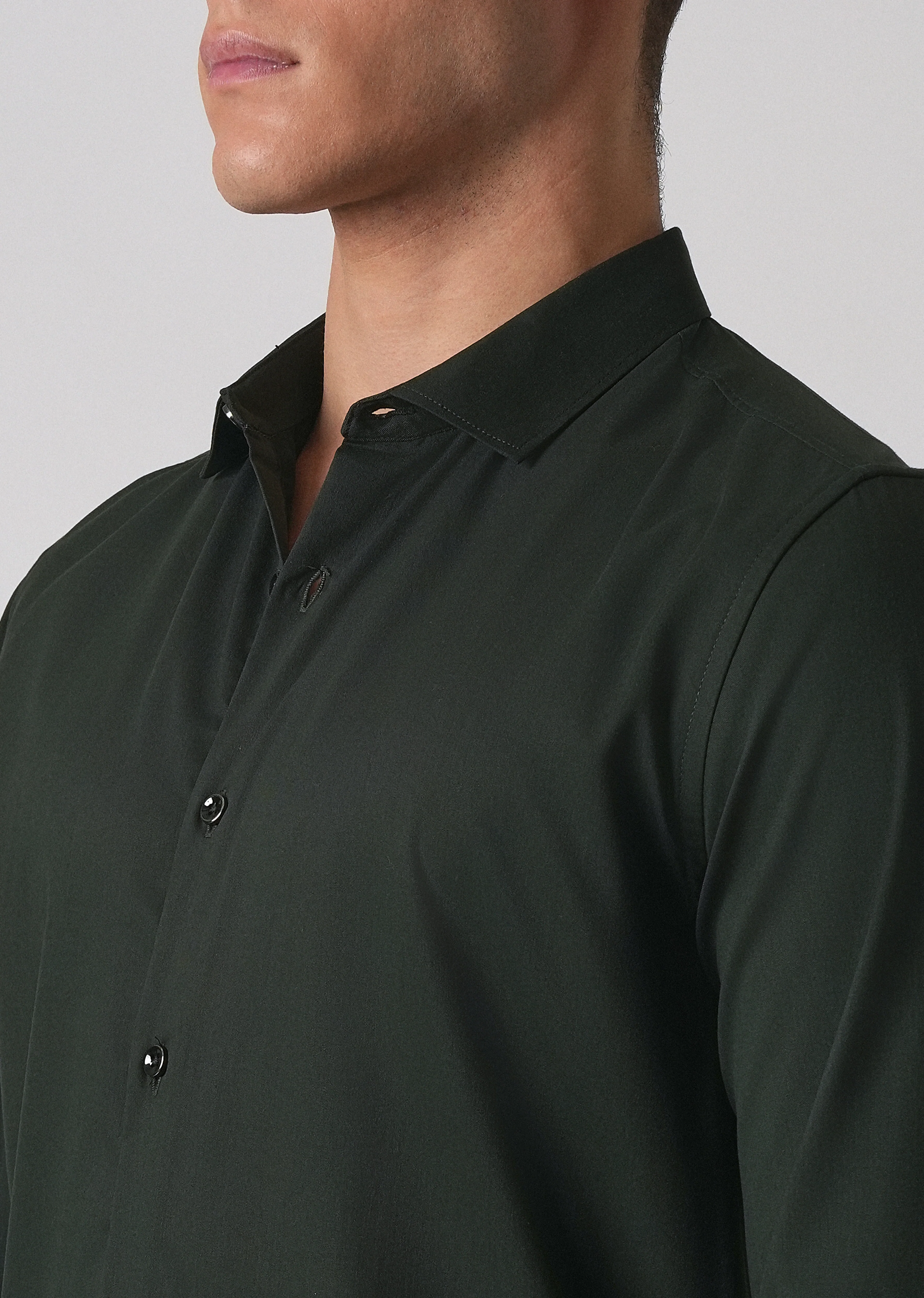 Dark Green Cotton Stretch Plain Shirt - Image 5