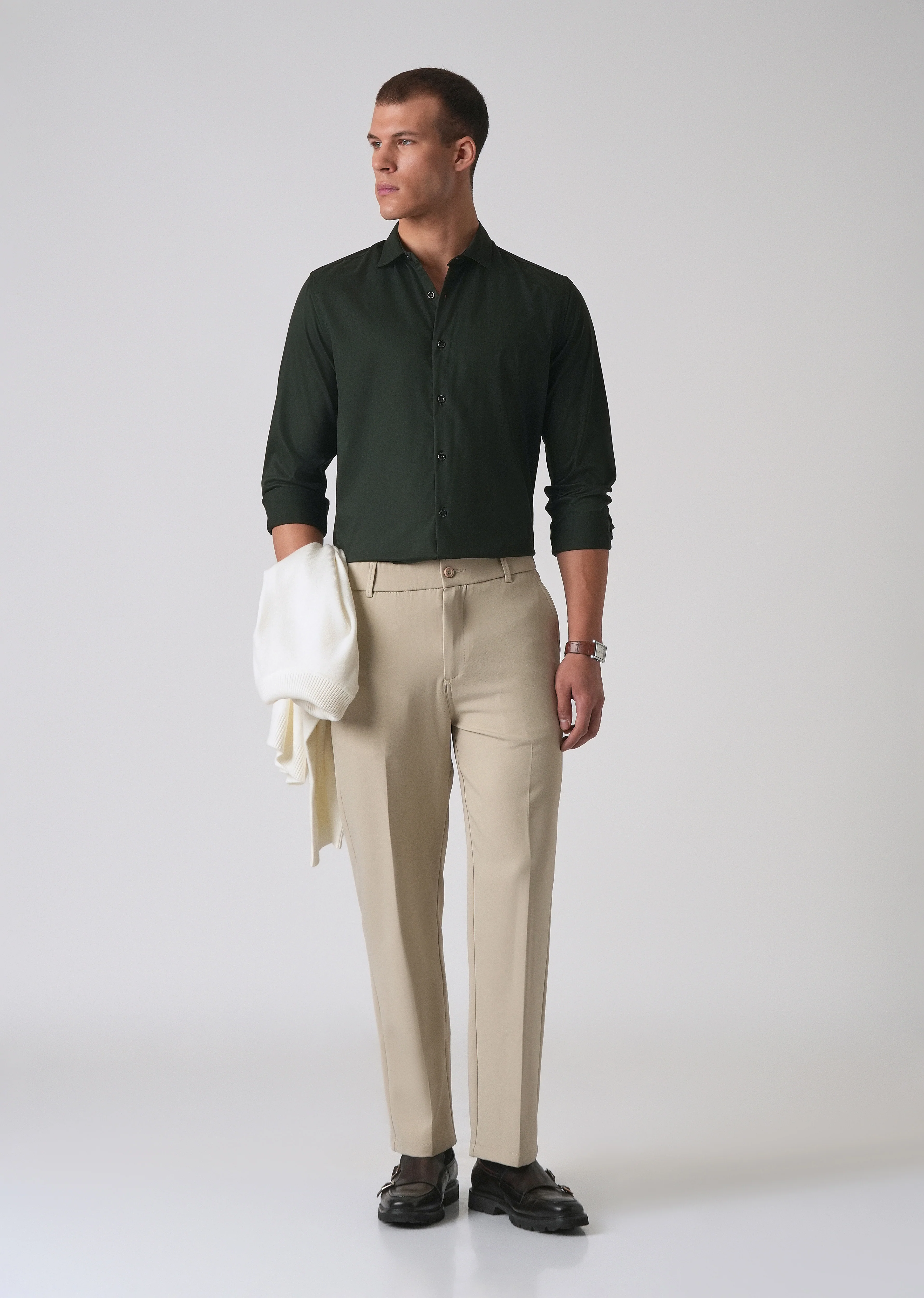 Dark Green Cotton Stretch Plain Shirt - Image 6