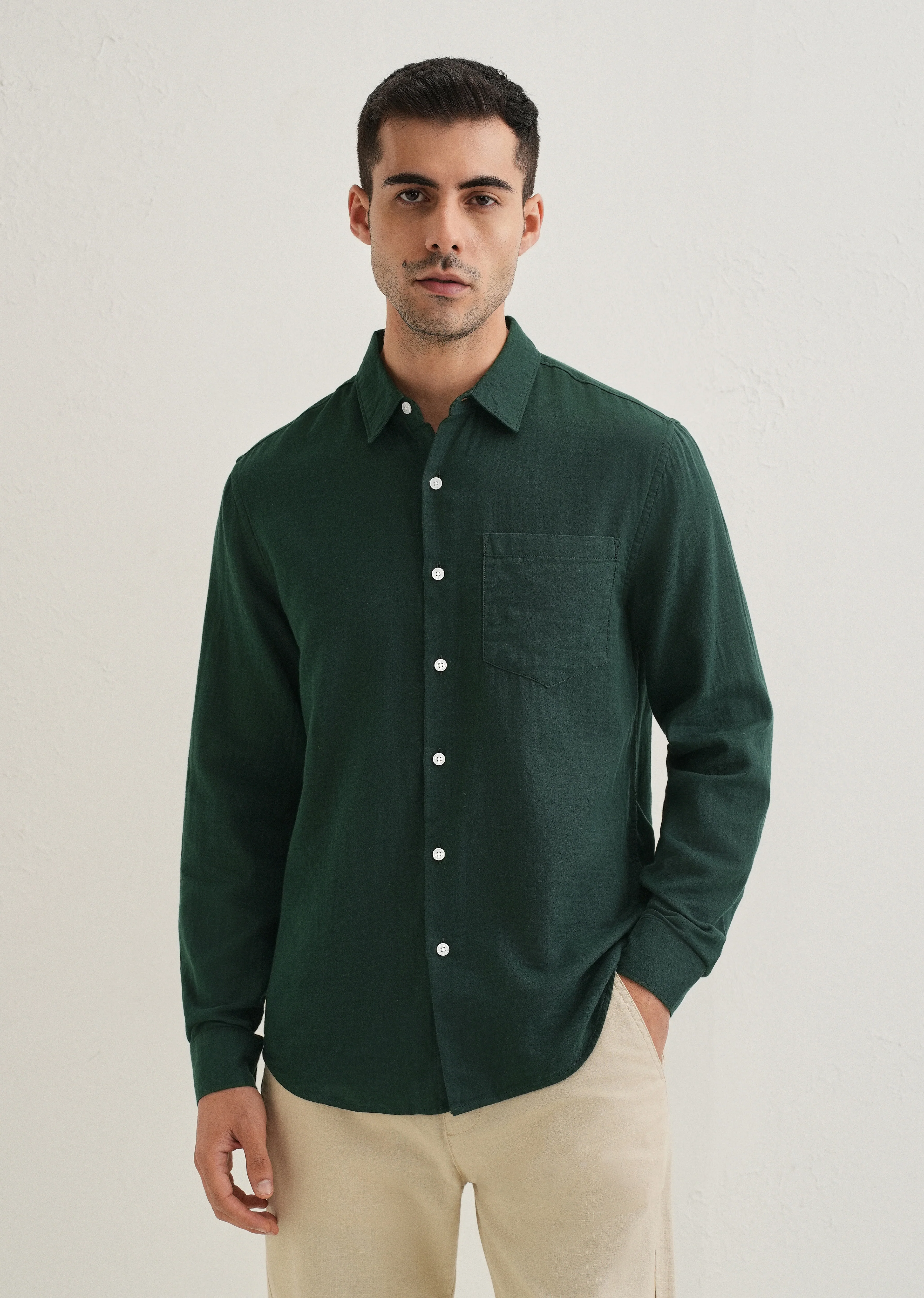Dark Green Double Cloth Cotton Shirt - Image 3