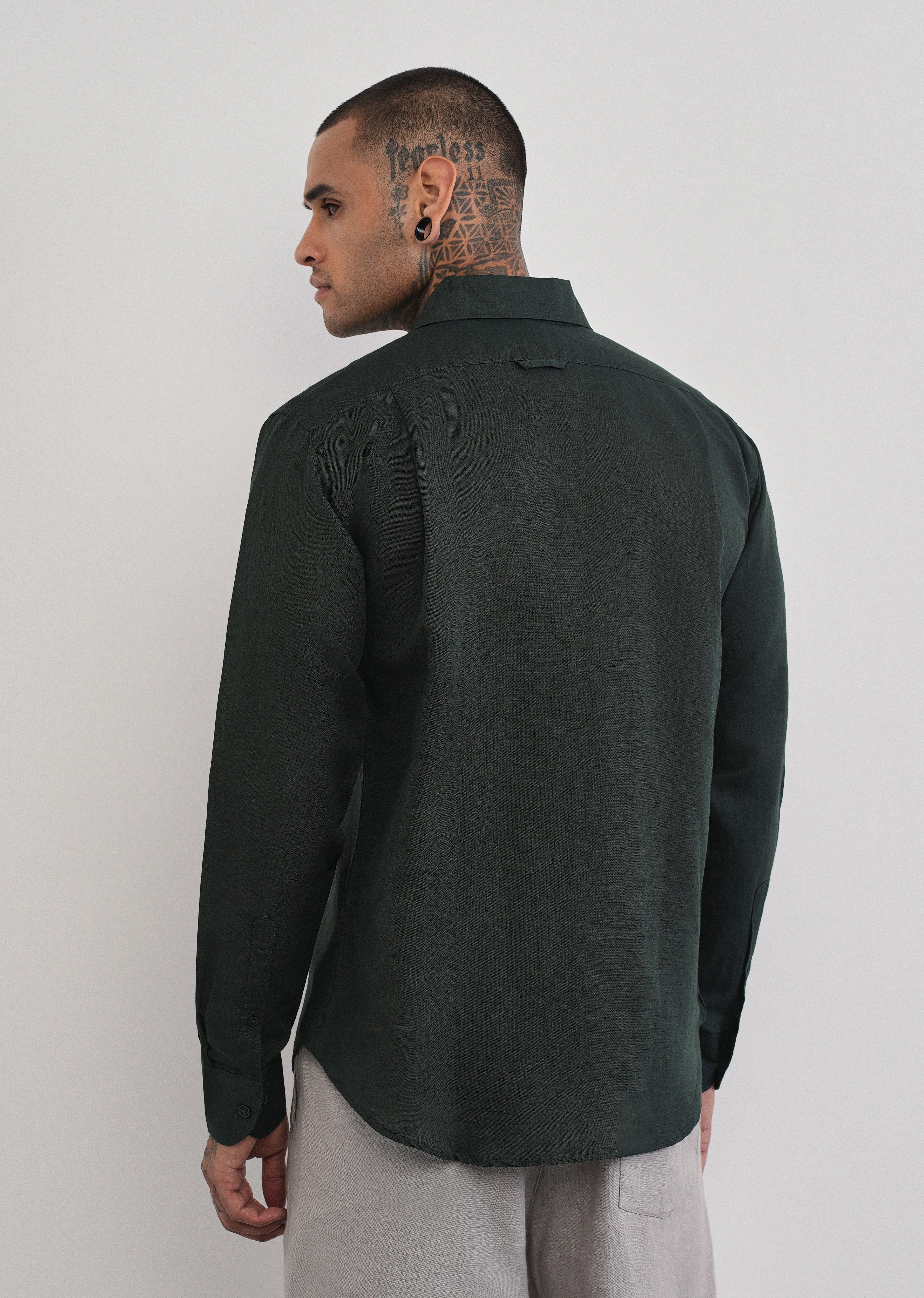 Dark Green Plain Cotton Linen Shirt - Image 2