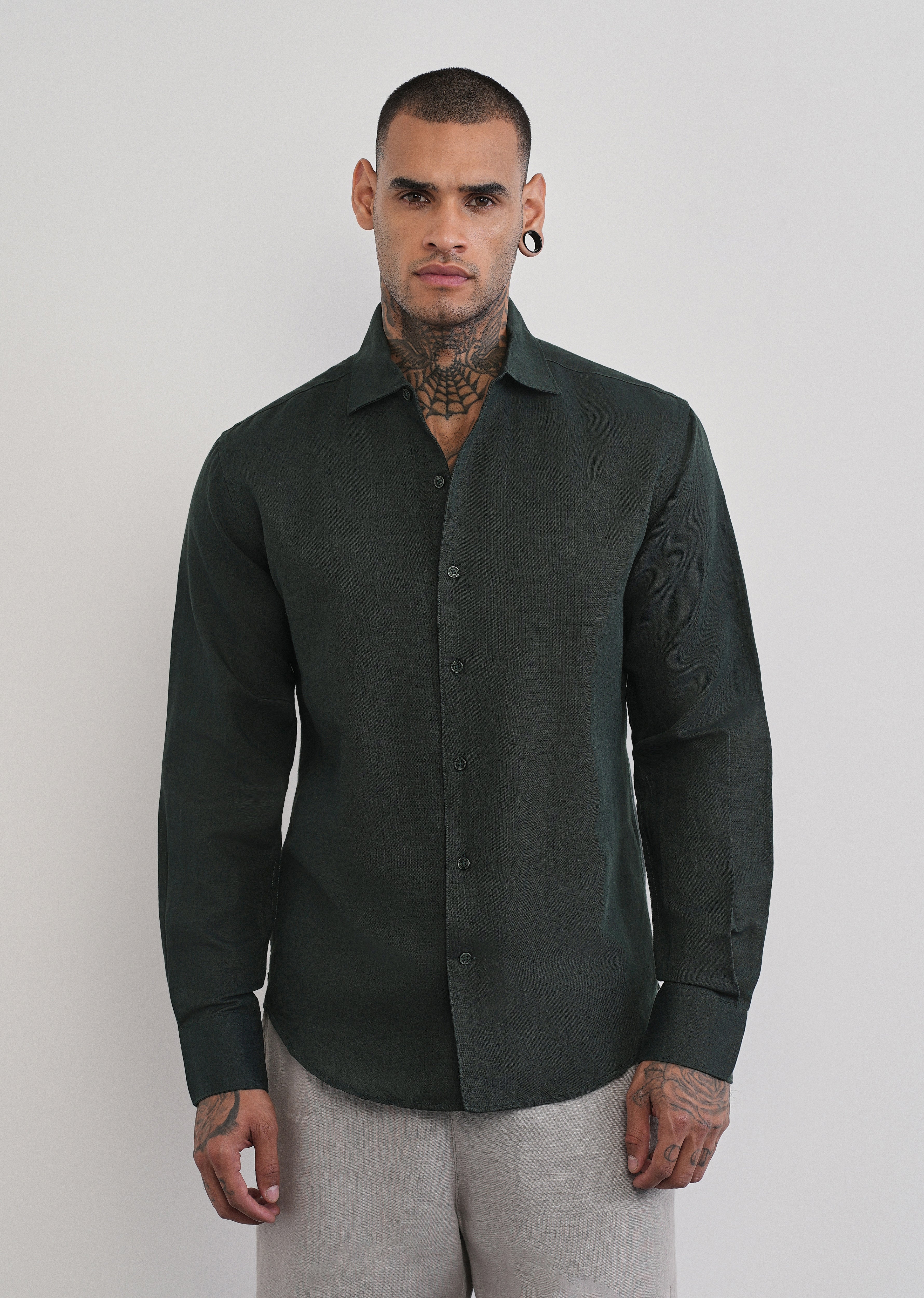 Dark Green Plain Cotton Linen Shirt - Image 3