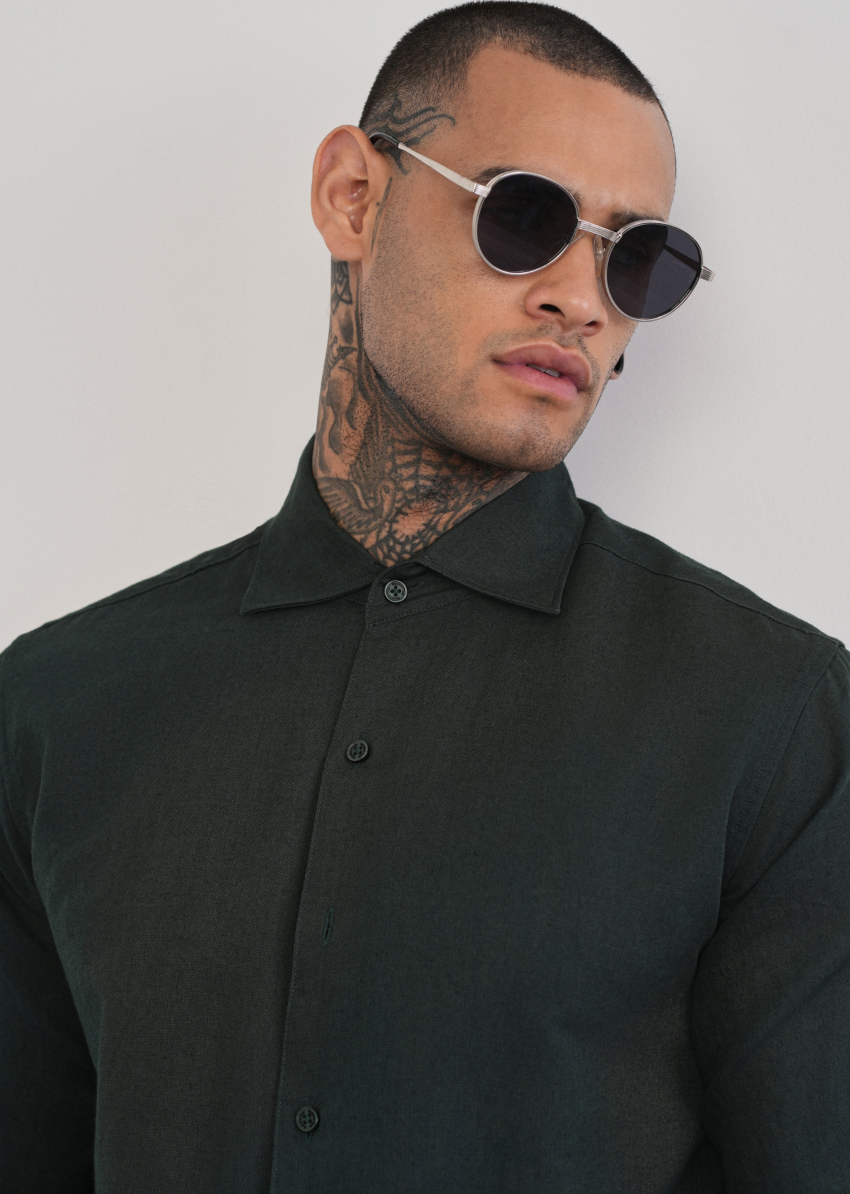 Dark Green Plain Cotton Linen Shirt - Image 5